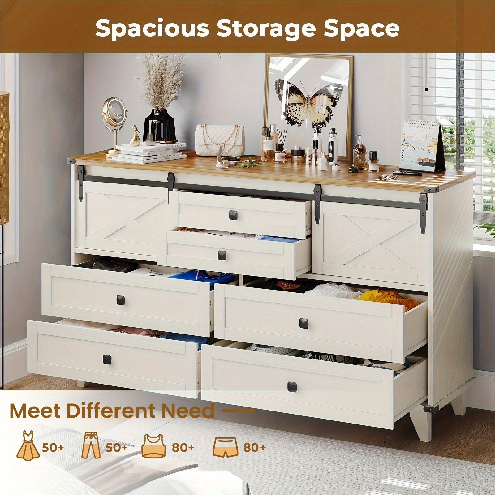 1pcs Farmhouse 6 Drawers Dresser for Bedroom, Retro White Chest of Drawers with Sliding Barn Door, Bedroom Long Storage Dressers