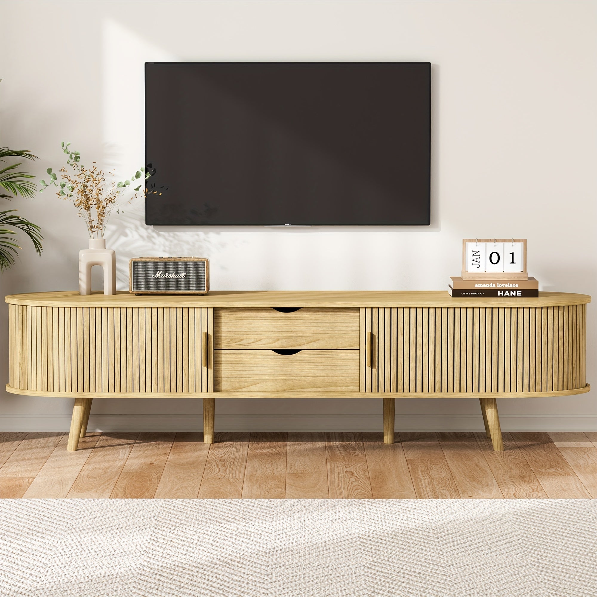 Chic Curved Edge Modern TV Stand - 55/69" Oak/Walnut, Farmhouse Style with 2 Drawers & Adjustable Shelves, Solid Wood Legs, Beige Media Console Table, Tv Console for Living Room