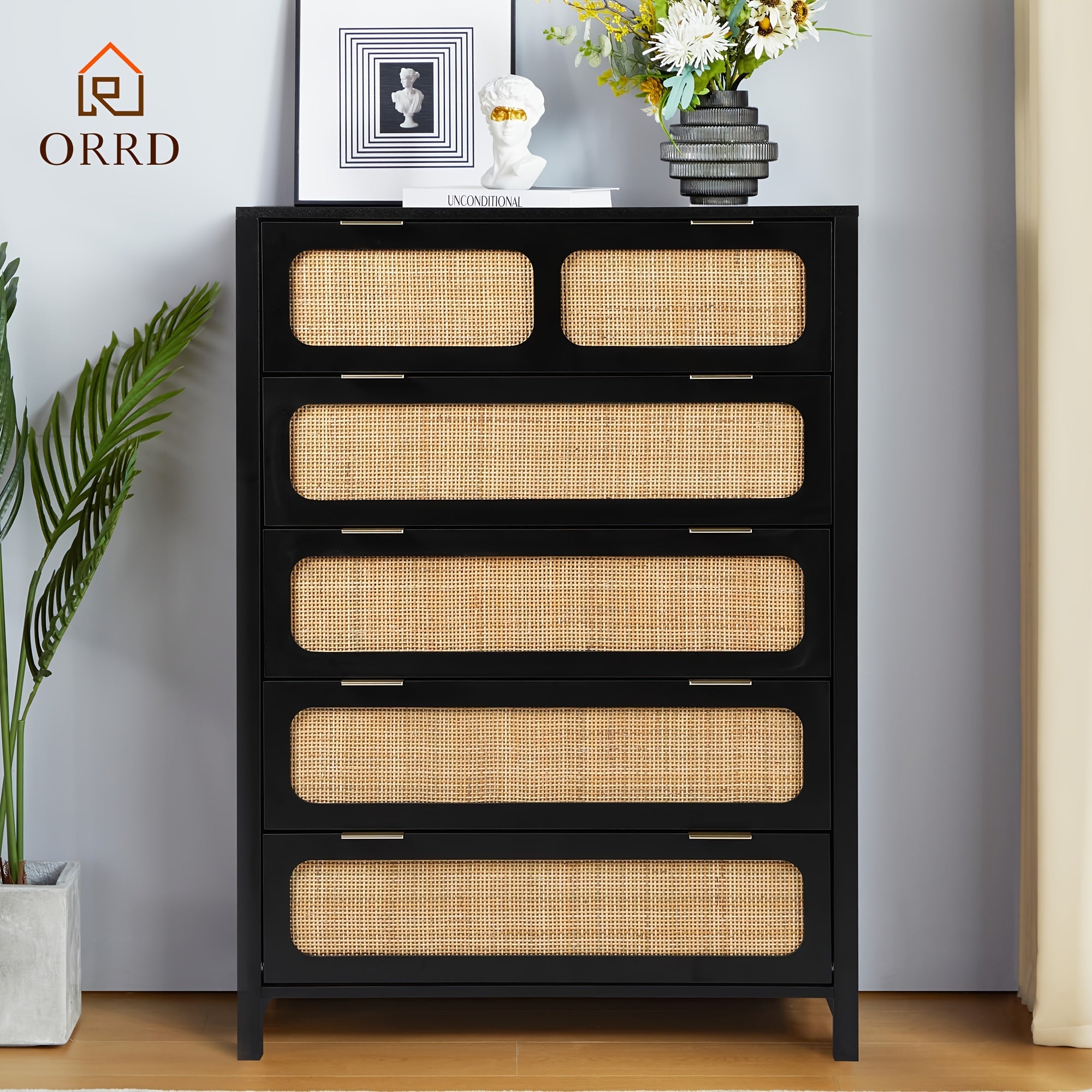 5 Drawer Dresser For Bedroom Wide Chest Of Drawers With Storage Rattan Nightstand Cabinet Dresser For Bedroom Hallway