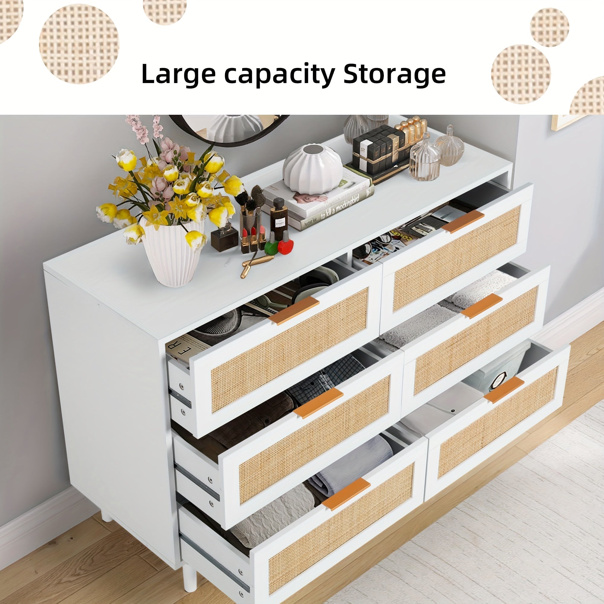 6 6 Drawer Dresser Rattan Dresser Modern Chest With Drawers Wood Storage Closet Dressers Chest Of Drawers - White