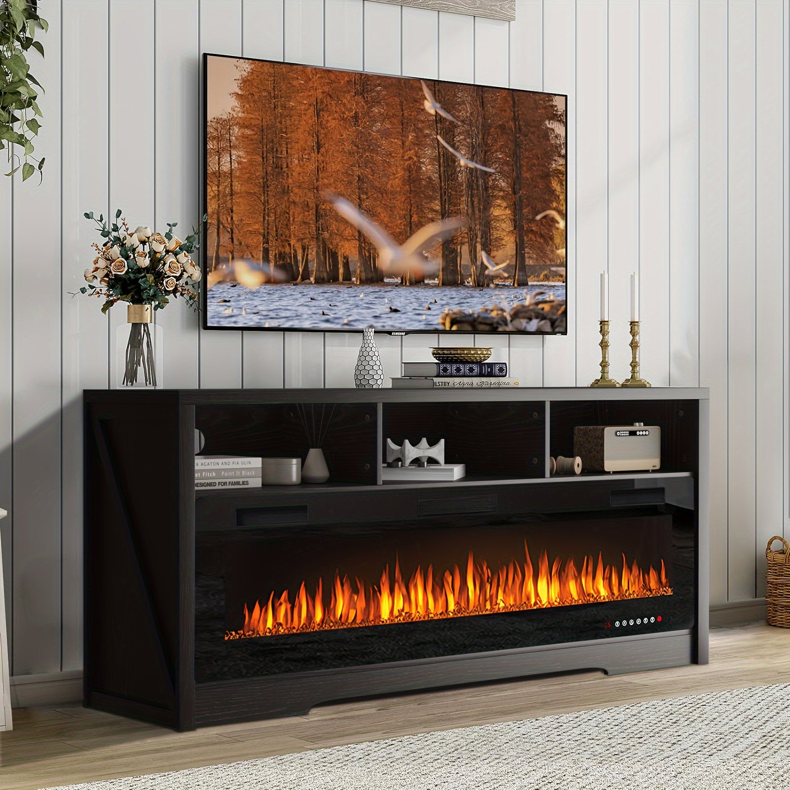 Fireplace TV Stand for TVs Up to 75" TV with 60" Electric Fireplace, Entertainment Center with Open Shelve Storage, 65 inch TV Stand with Fireplace, Entertainment Stand for Living Room