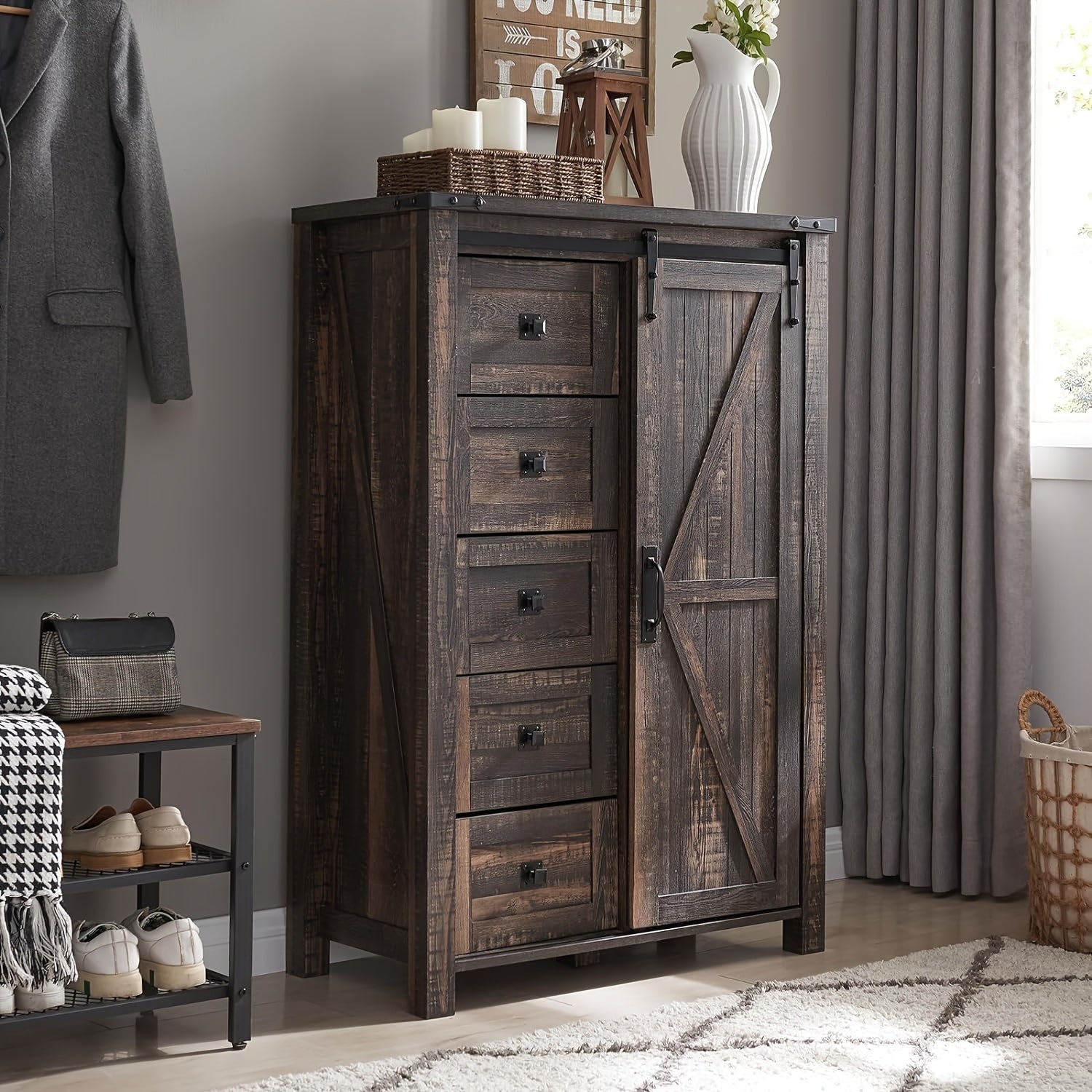 5 Drawers Dresser for Bedroom w/Sliding Barn Door Farmhouse Modern Tall Dresser 5 Chest of Drawers Storage Organizer
