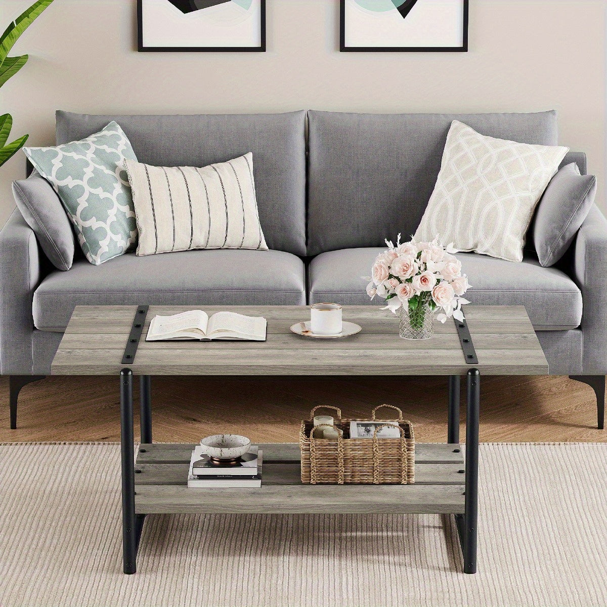 40 Inch Large 2-Tier Gray Wood Coffee Table with Storage Shelf - Farmhouse Modern Rustic Metal Rectangle Center Living Room Coffee Table Accent Furniture for Home Office