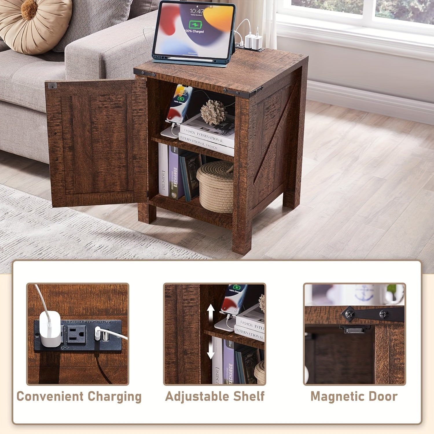 Nightstand w/Charging Station, 18 Inch Farmhouse End Table w/Barn Door and Adjustable Storage Shelf, Rustic Wood Sofa Side Table w/Magnetic Door for Living Room, Bedroom