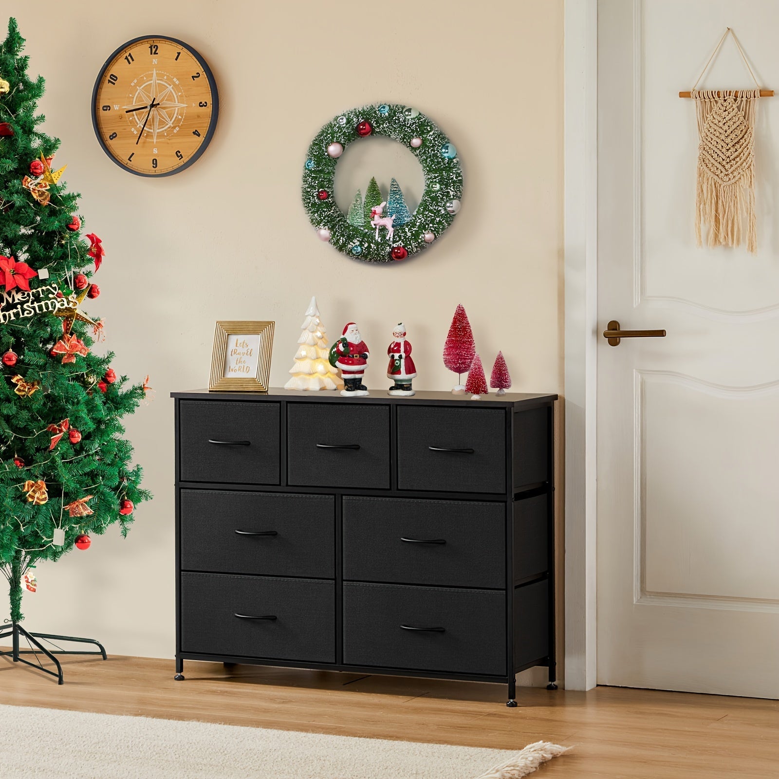 Wide Fabric Dresser 7 Drawer Dresser TV Stand For 45’’ TV Dressers Bedroom Furniture Large Storage Tower Unit