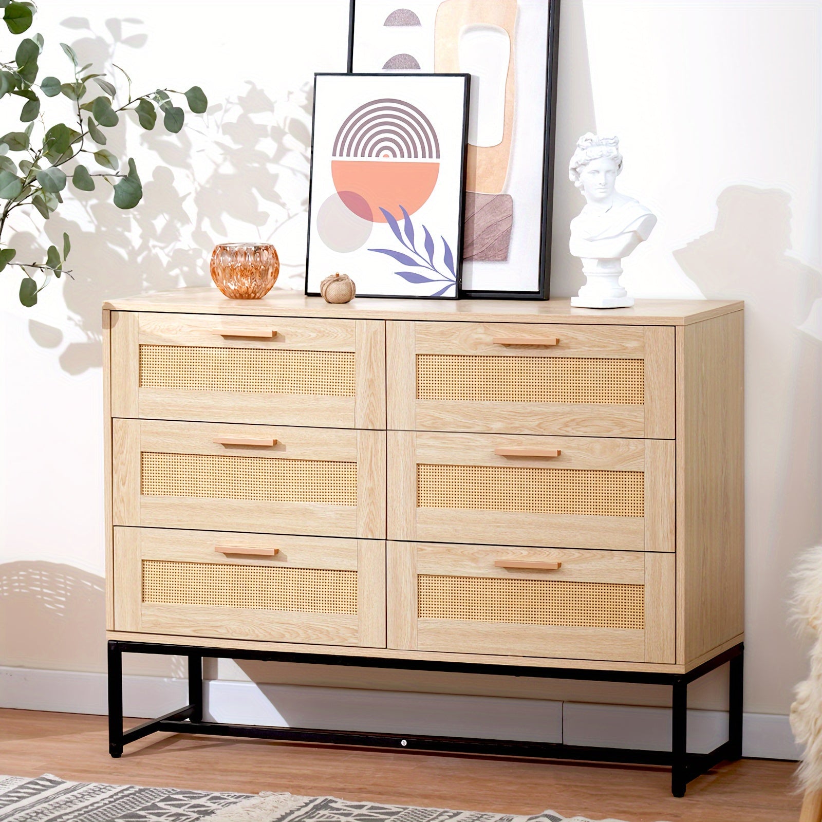 Rattan Dresser 6 Drawer Dresser For Bedroom Mid Century Modern Dresser Natural Rattan Chest Of Drawer Light Wood Dresser Boho Dressers For Entryway, Bedroom, Living Room, Hallway, 43.4'*31.5'*15'