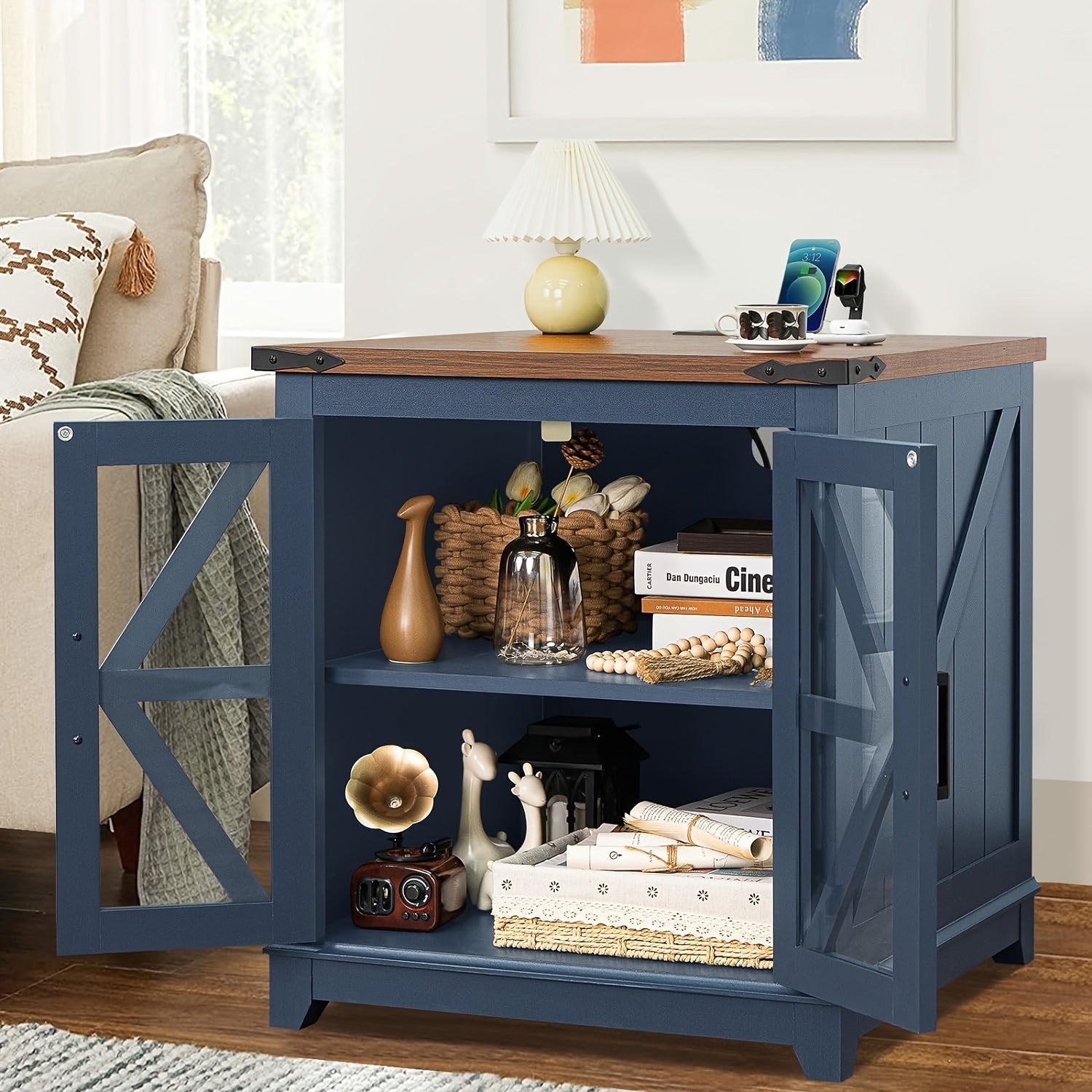 Farmhouse End Table, 24" Large Sofa Side Table With Charging Station Glass Barn Door, Wood Nightstand With Adjustable Storage Shelf, Square Bedside Table For Living Room, Bedroom, Office-Blue