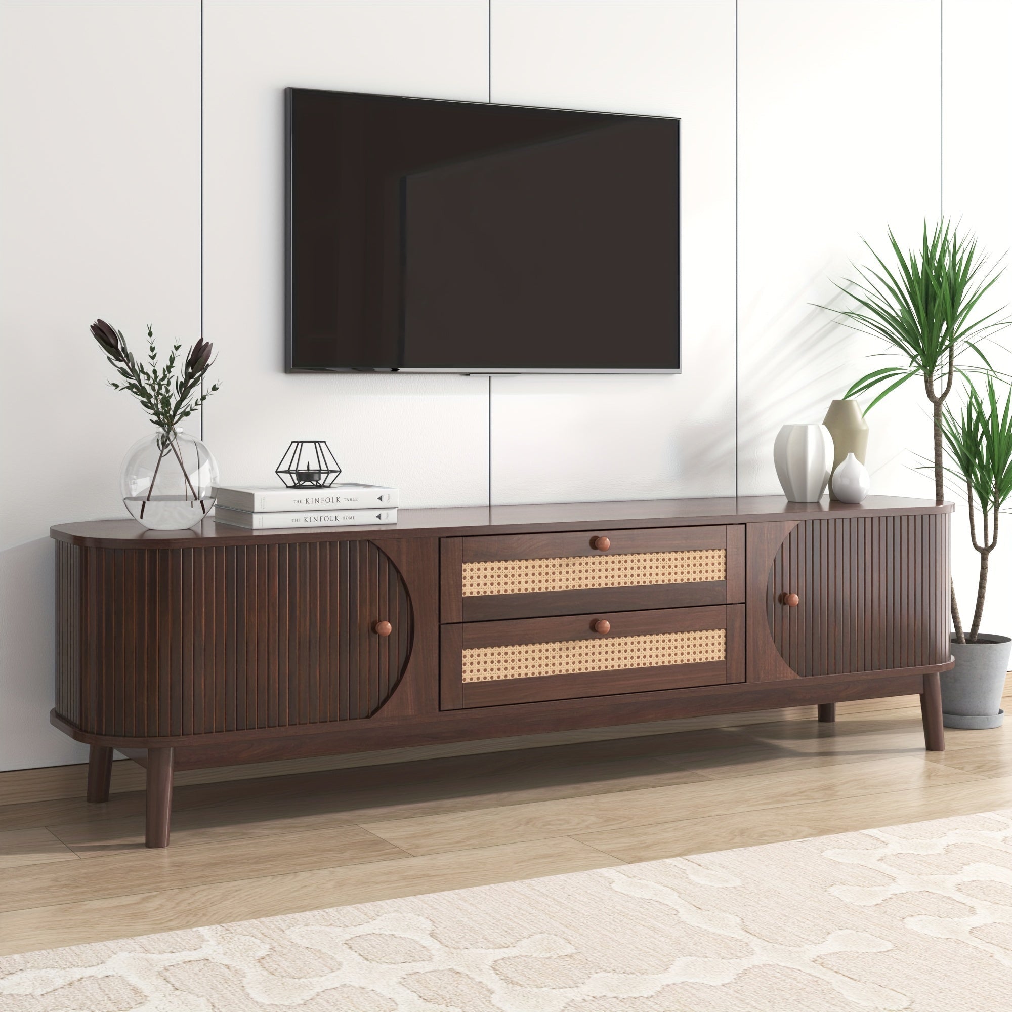 Sleek Storage, Merax Rattan TV Stand - Modern Media Console with Solid Wood Legs, Cable Management, Supports Up to 75" TVs, Easy Assembly