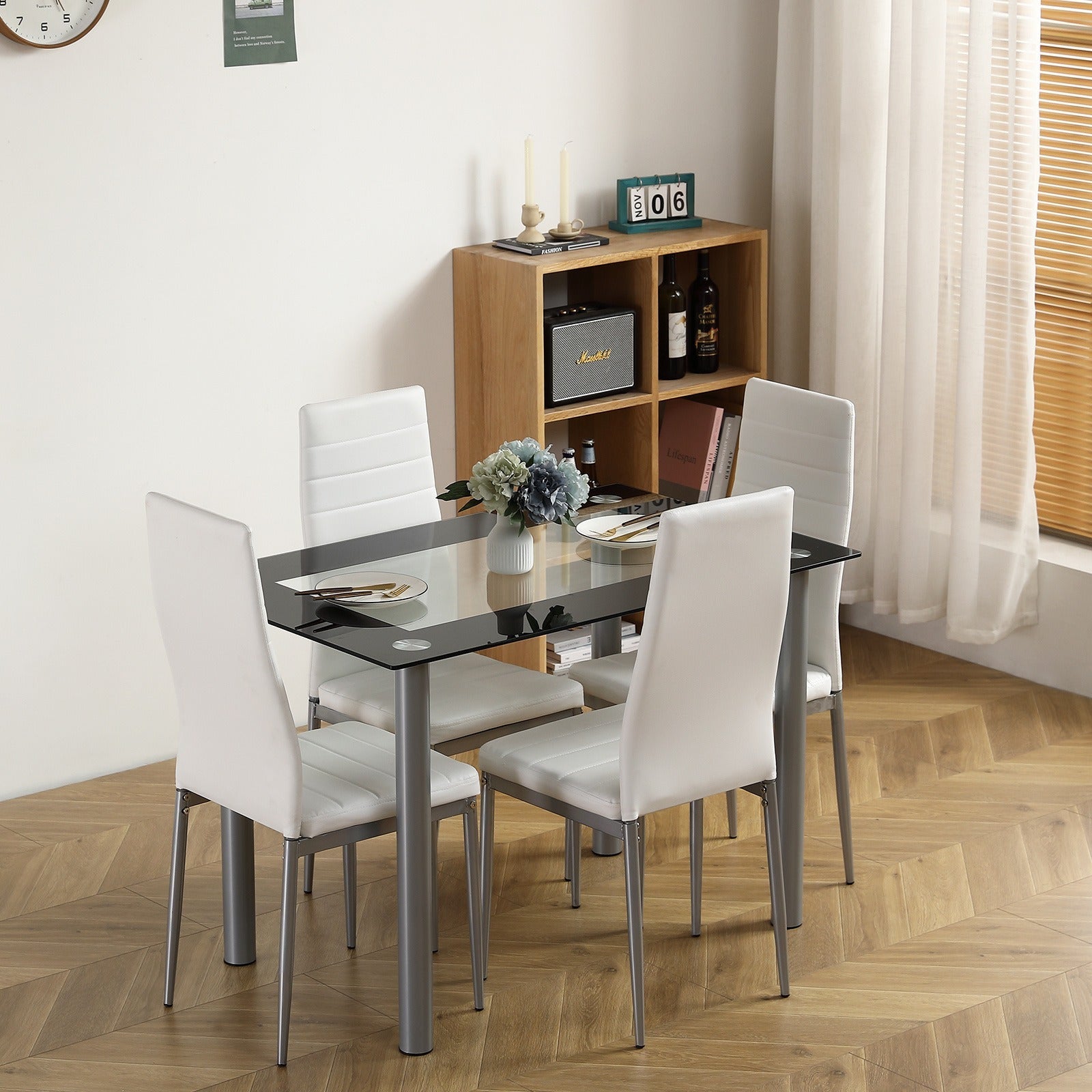 Modern Dining Table Set with 1 Glass Dining Table and 4 Leather Chairs 5pcs Dining Table Set for Kitchen & Breakfast