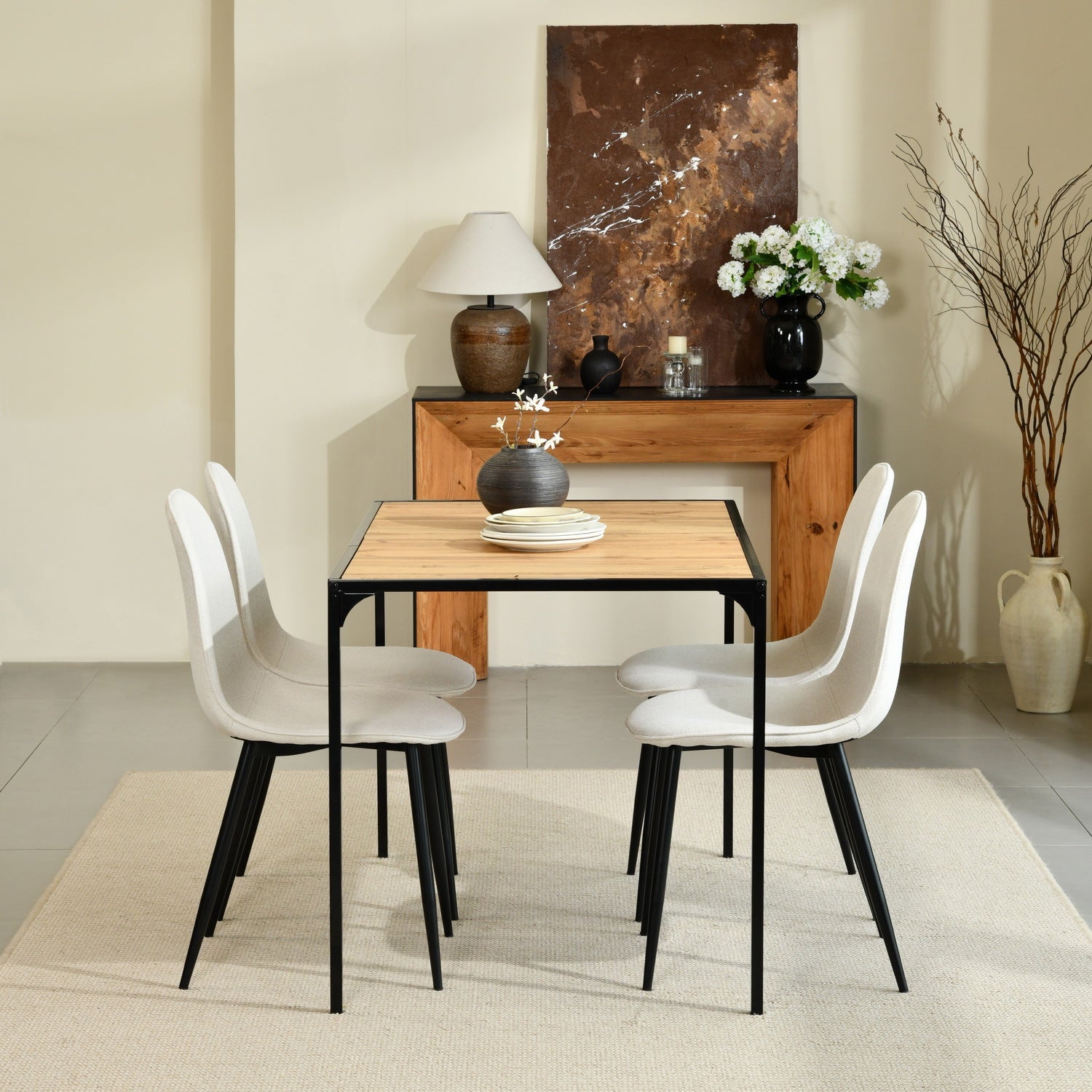 Modern 5-Piece Dining Set with Wood Top Table and Upholstered Chairs – Natural Wood or Walnut Finish Beige Chairs Black