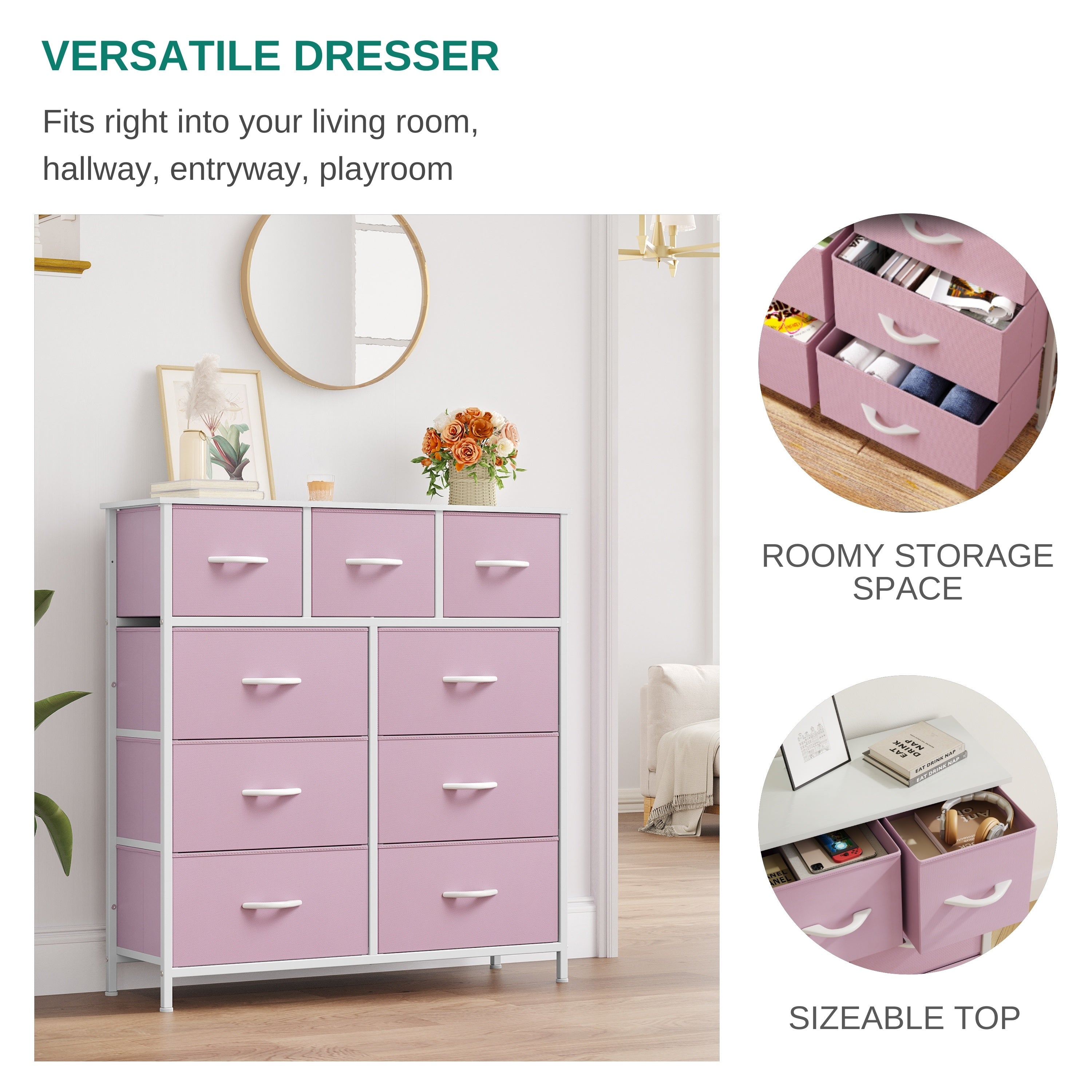 1pc Boho Style Pink Fabric Dresser with 9 Drawers - Sturdy Steel Frame, Hardwood Top, Easy Pull Bins - Independent Storage Cabinet for Bedroom, Living Room, Closet - ≥3.2 Cubic Feet Capacity