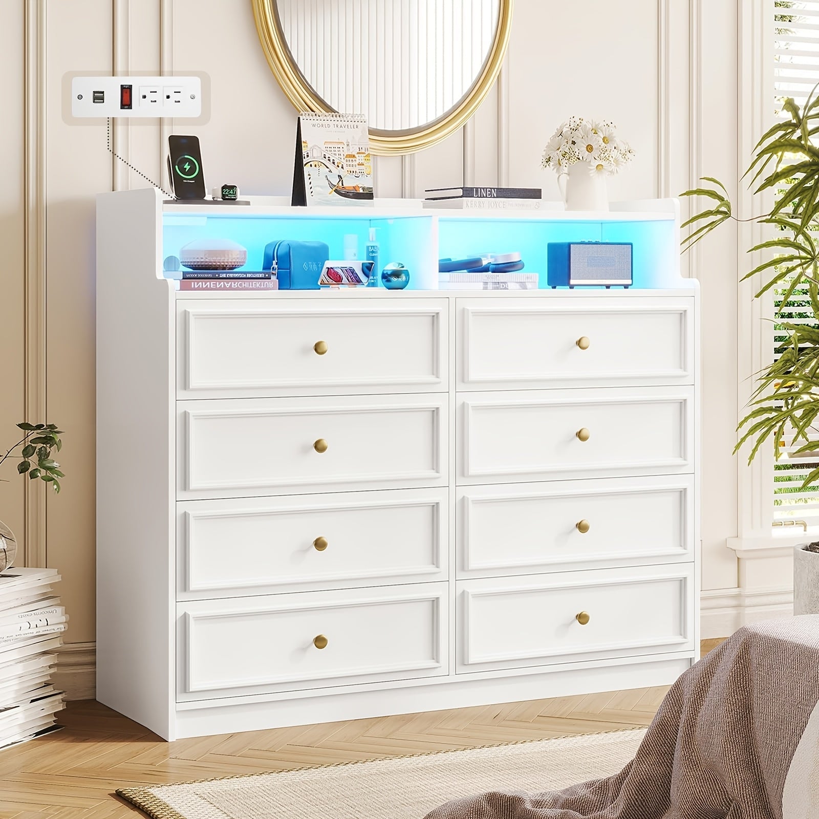 Bedroom Dresser With Charging Station LED Dresser With 8 Large Storage Drawers Chest Of Drawers Storage Organizer Large