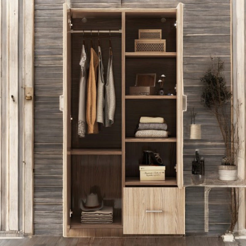 Double-Door Wardrobe with Hanging Rod 5 Fixed Shelves And 1 Storage Drawer for Ample Storage in Natural Finish