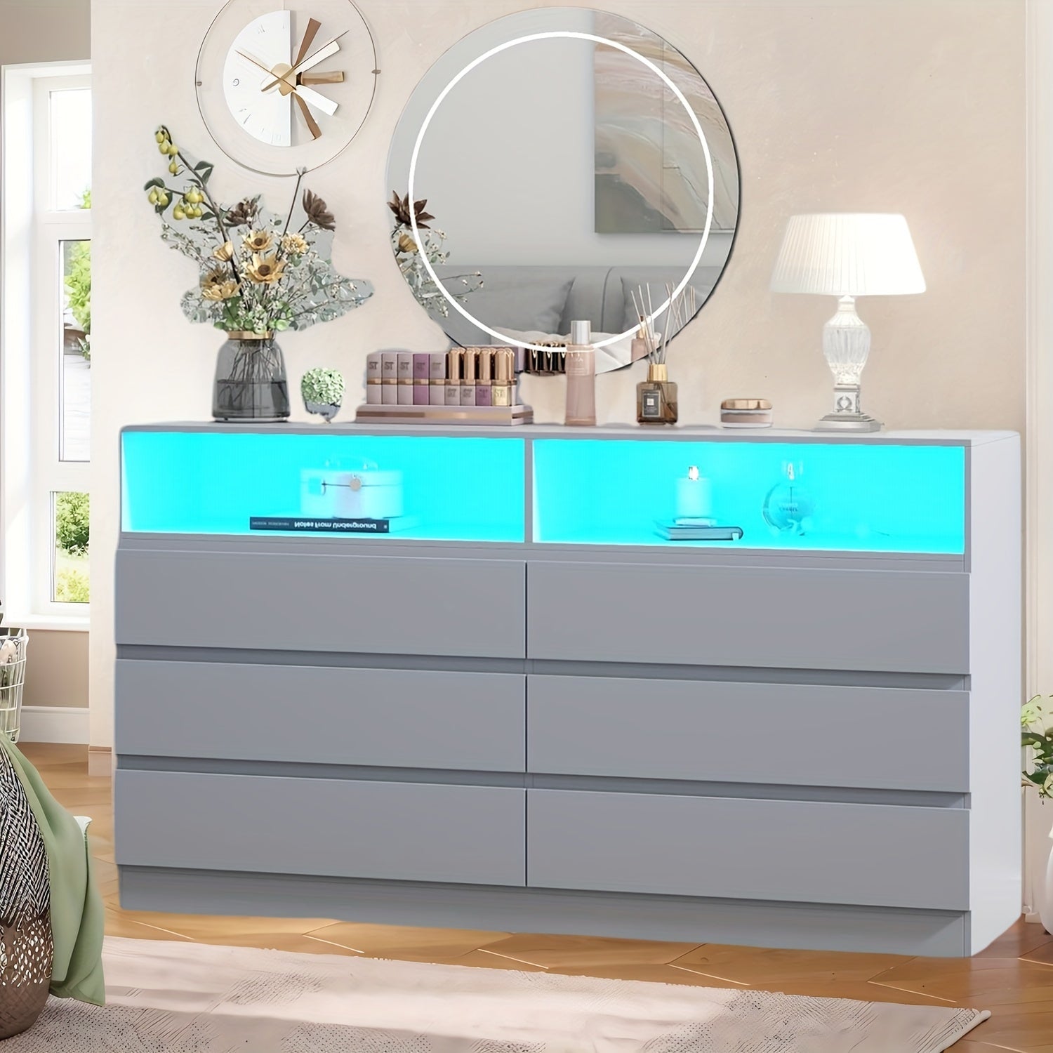 9 Drawers Vanity Desk With Power Outlet & Lights Makeup Vanity Table Dressing Table For Women Girls - 6 Drawers-Grey