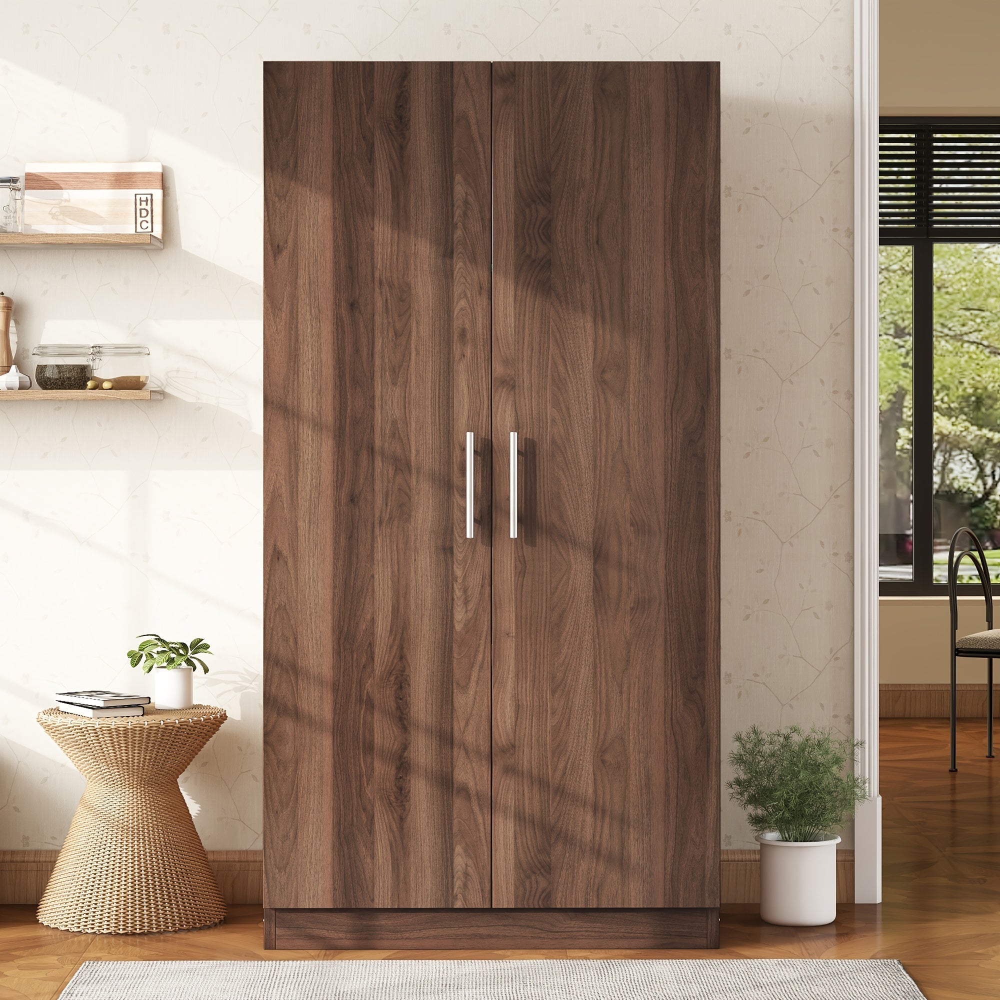 Double Door Solid Wood Wardrobe with 3 Storage Shelves, Sturdy and Practical, Brown