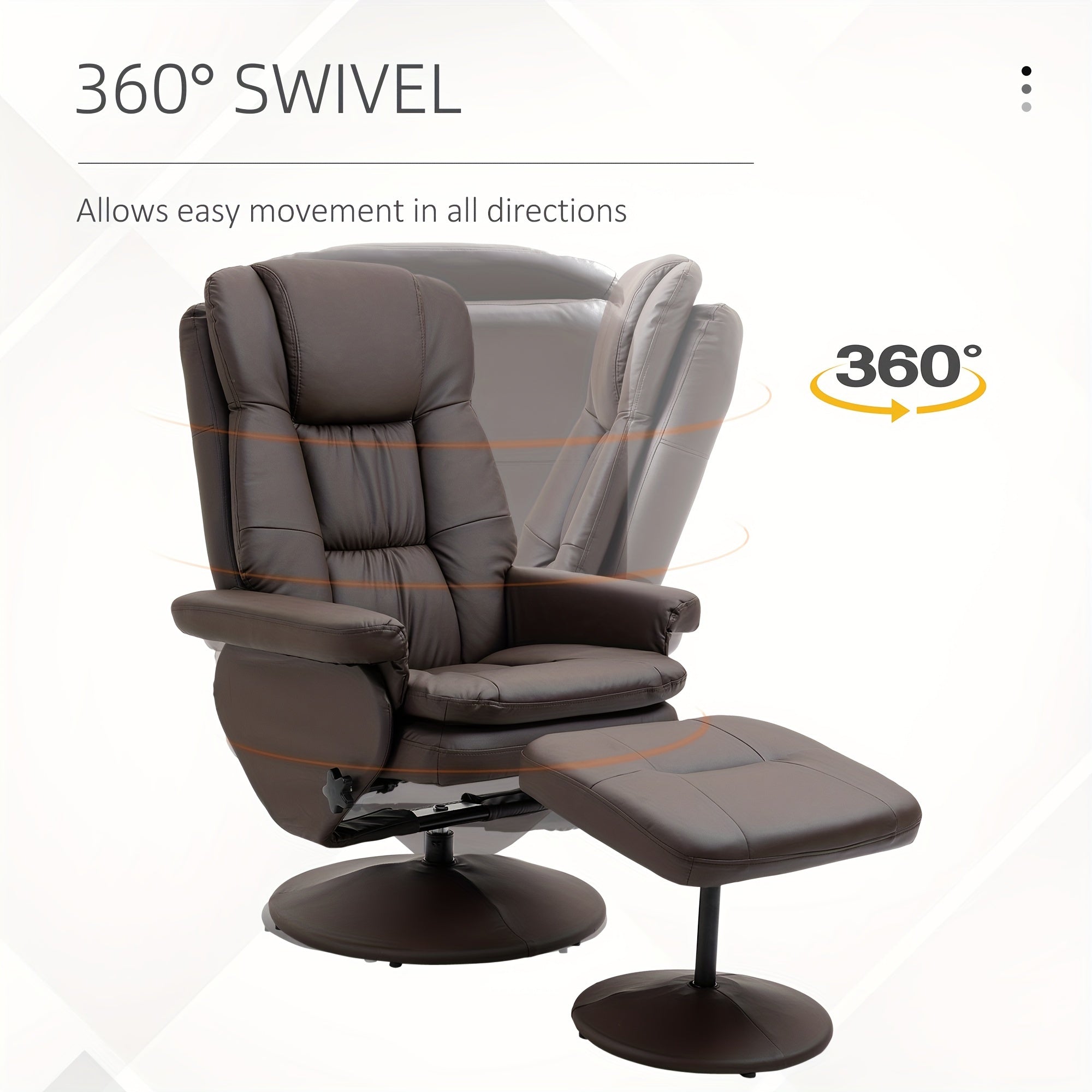 Swivel Recliner with Ottoman, PU Leather Reclining Chair with Ottoman, Upholstered Recliner and Footrest with Wrapped Base for Living Room, Bedroom and Home Office, Brown