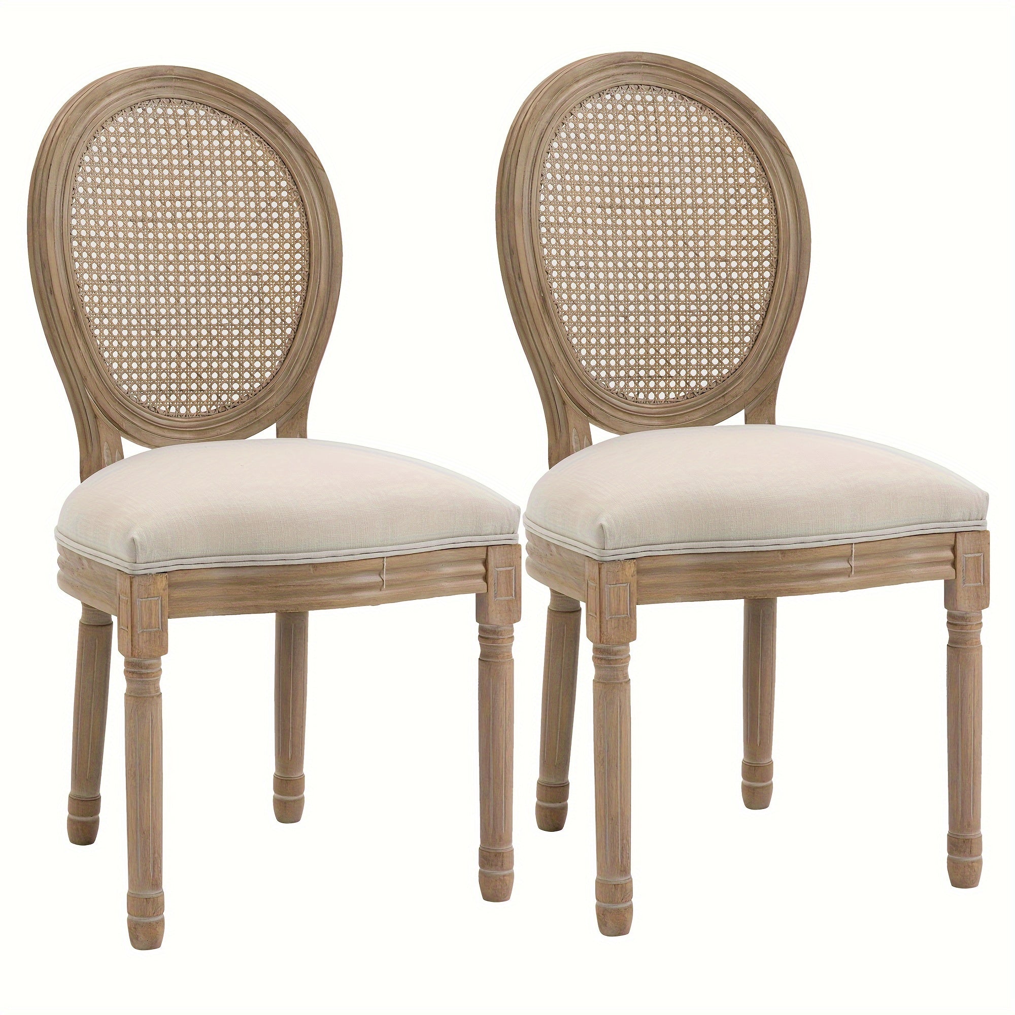 French-Style Upholstered Dining Chair Set, Armless Accent Side Chairs with Rattan Backrest and Linen-Touch Upholstery, Set of 2, Cream White