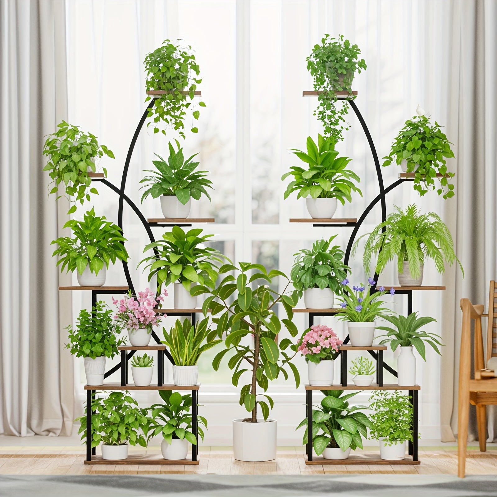 1pc Iron 8-Tier Indoor Plant Stand with Grow Light, 65" Tall Curved Metal Shelf for Multiple Plants, Irregular Shape Flower Display Rack for Living Room, Patio, Balcony