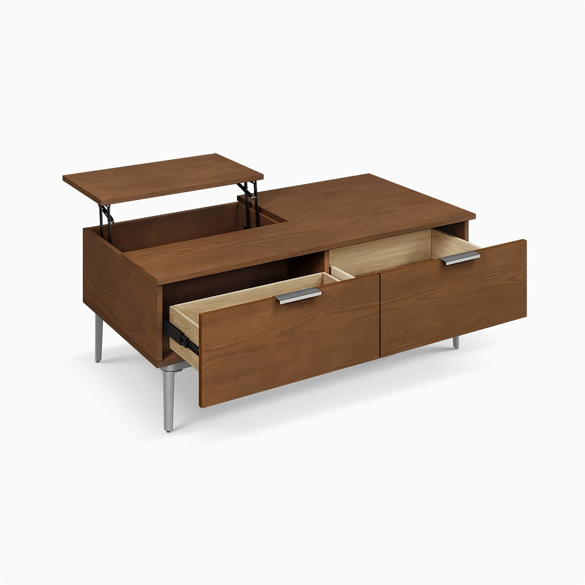 Contemporary Brown Lift-Top Coffee Table with Drawers - Space-Saving Design, Metal Legs, 12.47gal x 25.9W x 17.7H Inches, Office Reception, Hidden Storage