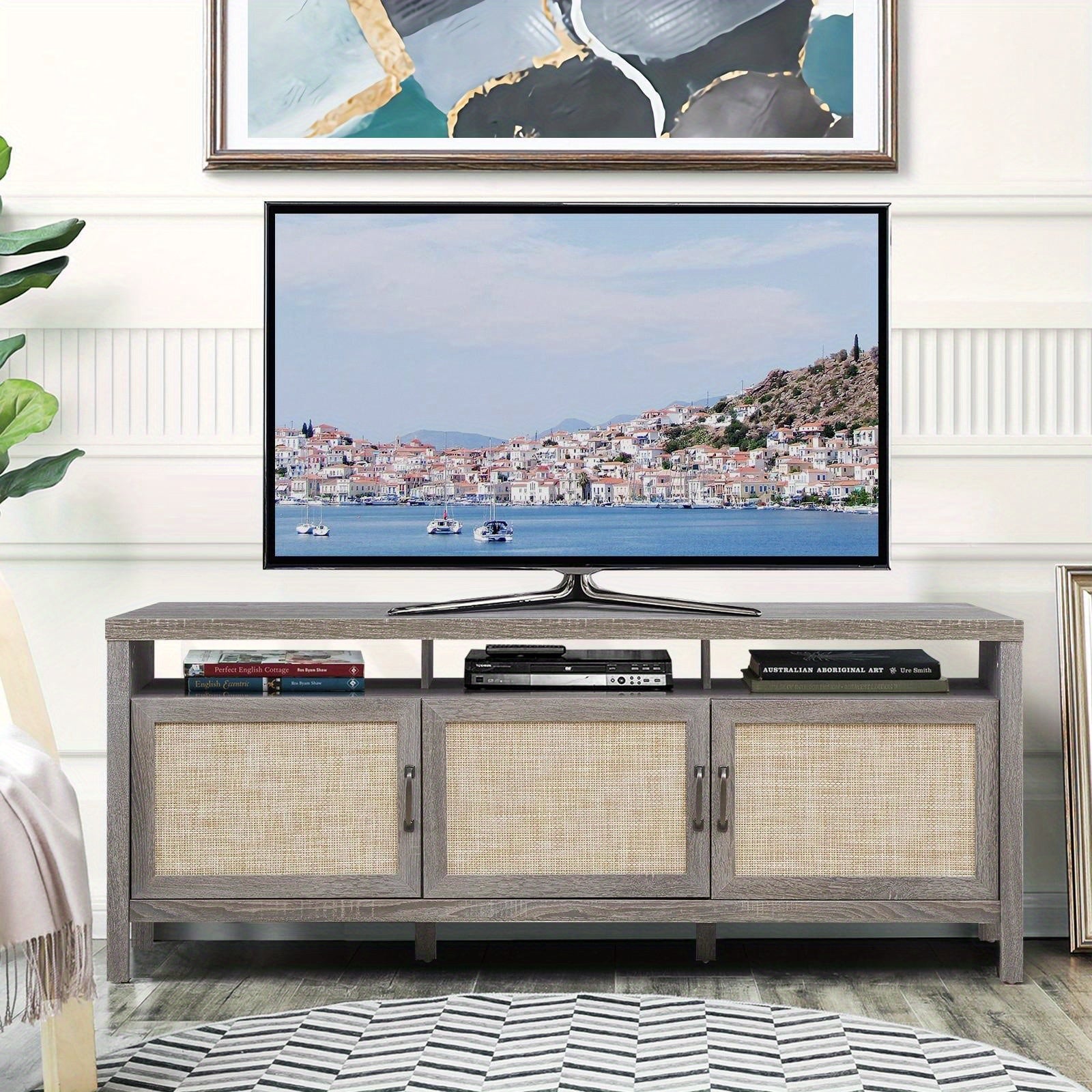 MULTIGOT Boho Style TV Stand, Fit for 65" TVs - Modern Farmhouse Design with 3 Rattan Doors & Adjustable Storage Shelves, Sturdy Oak Wood Frame, Open Display Top Shelf - Elegant Entertainment Center, Tv Console for Living Roo