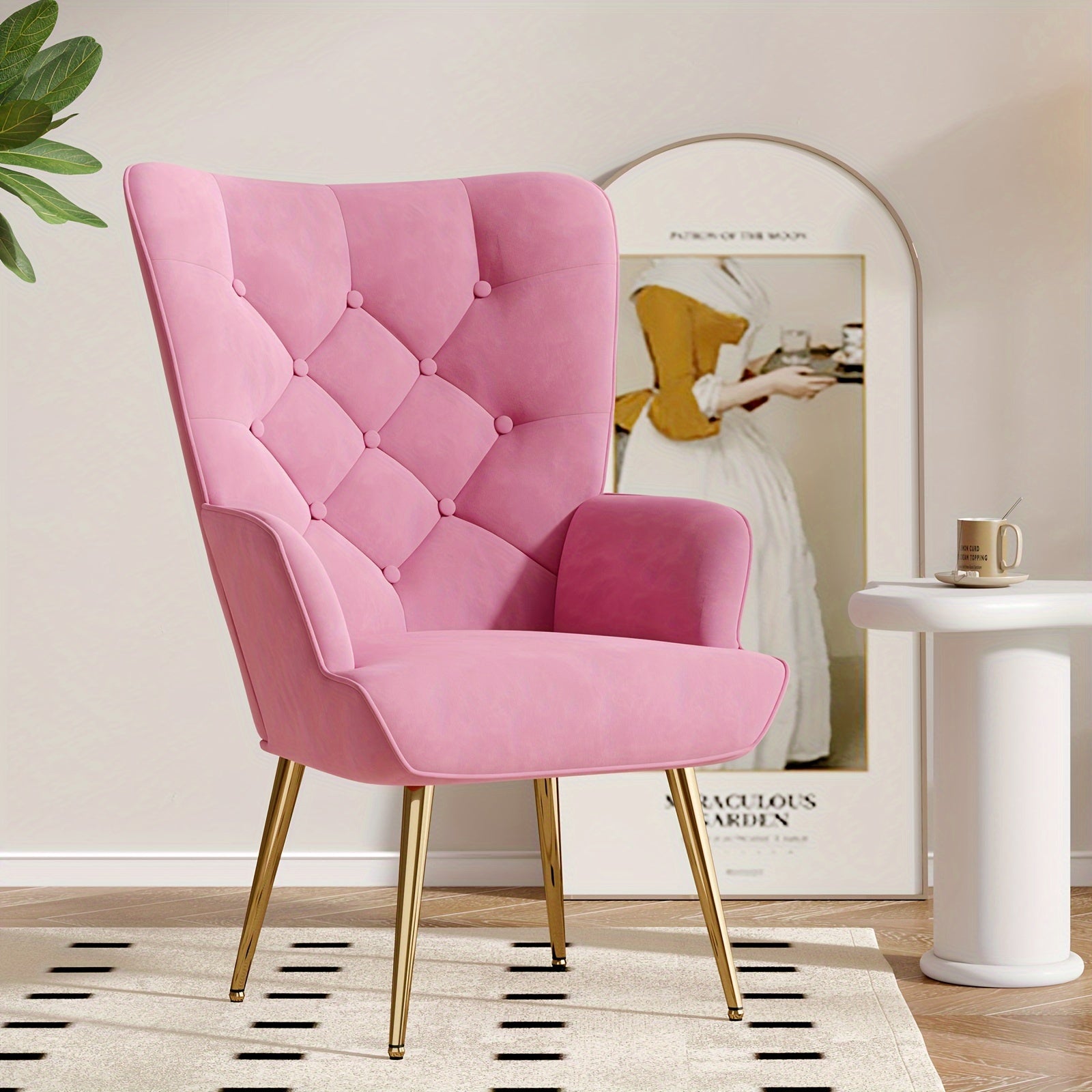 Velvet Accent Chair, Mid Century Modern Living Room Chairs, Bedroom Chair with High Backrest, Tufted Button Wingback Sofa Chairs, Upholstered Comfy Side Armchair with Metal Legs for Office, Lab, Pink