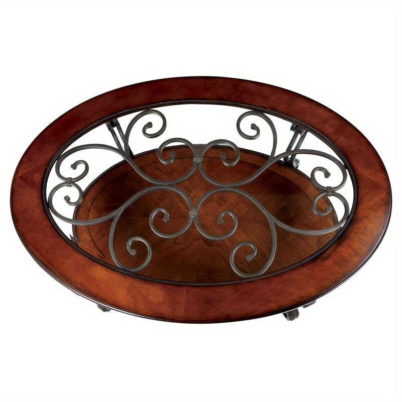 Elegant Brown Cherry Coffee Table with Glass Top and Open Bottom Shelf - Traditional Style Living Room Furniture