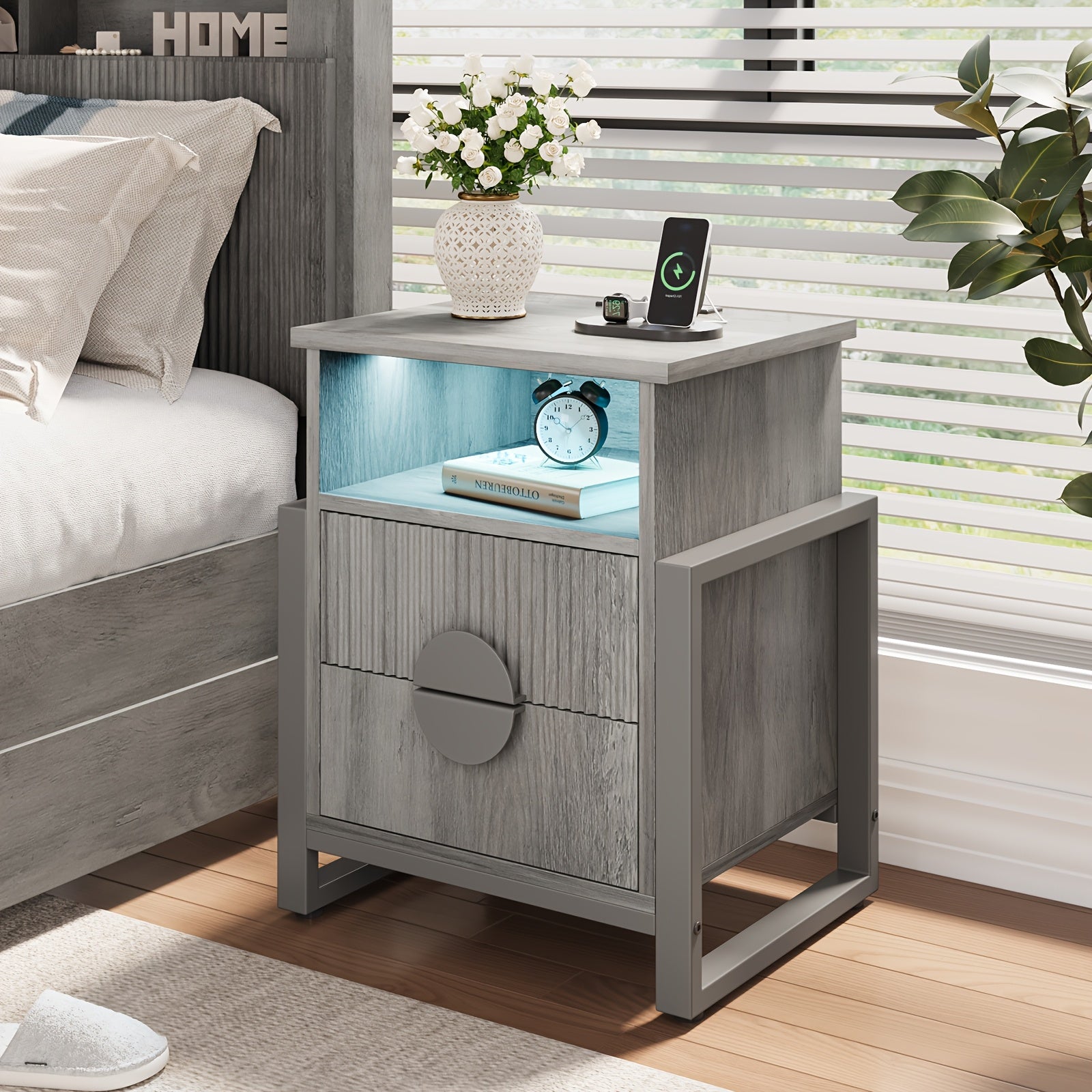 Modern Nightstand with Charging Station & LED Lights, Fluted Bedside Table with 2 Drawers, End Table for Bedroom, Living Room, Black/Gray