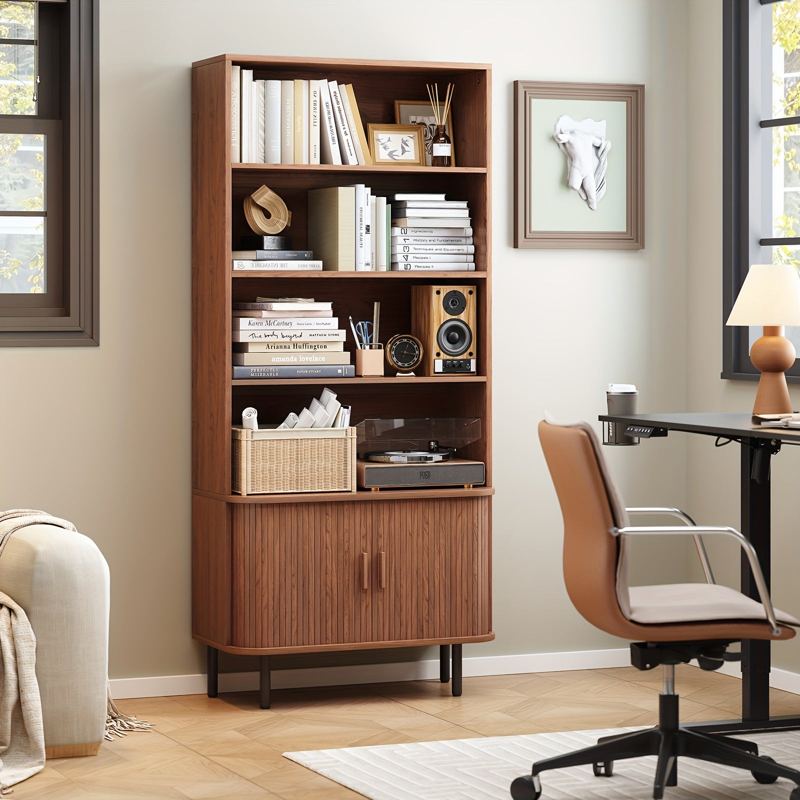 180cm Bookcase 4 Shelves Bookcase With Storage Cabinets And Adjustable Storage Shelves With Sliding Doors