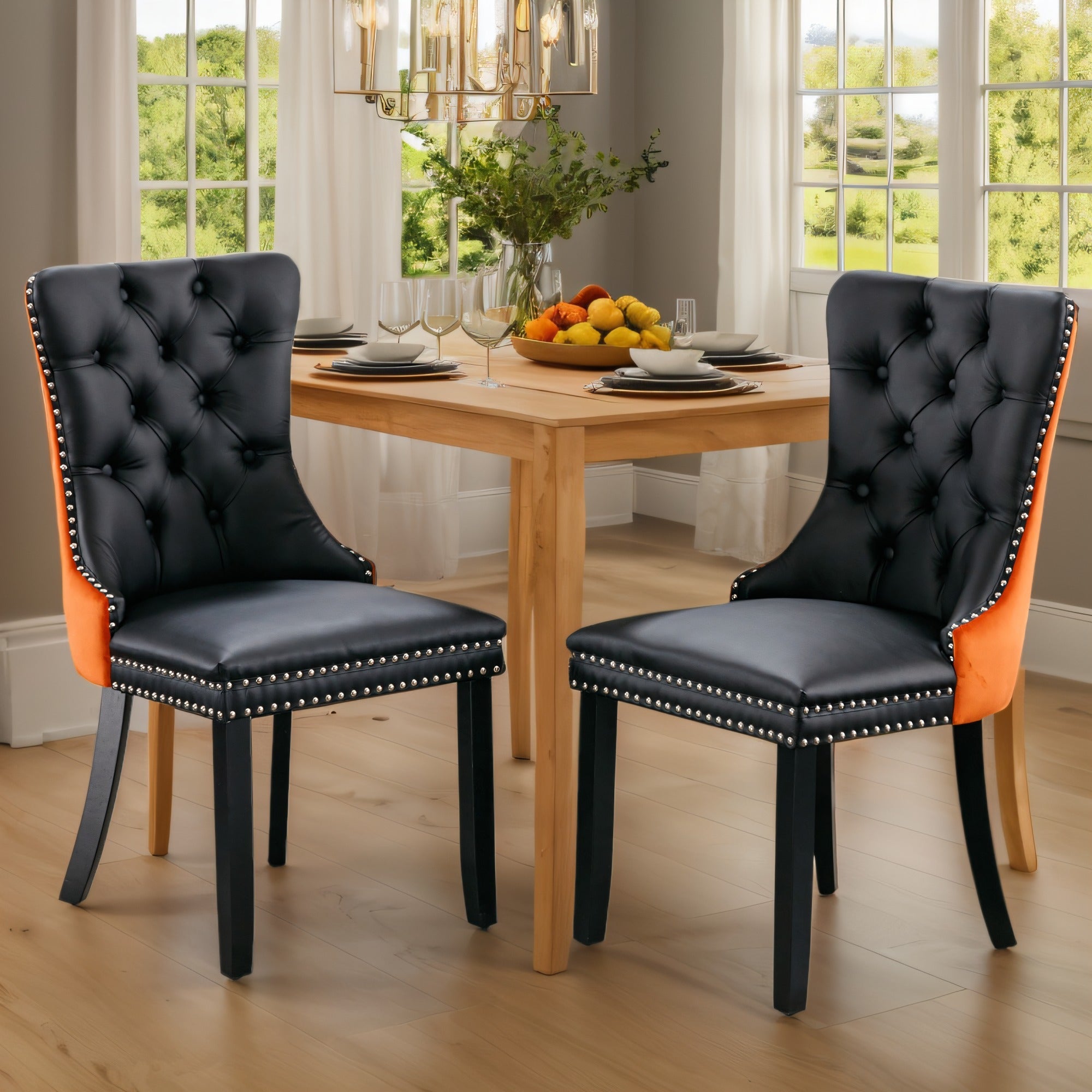 Modern Faux Leather Upholstered Dining Chair 2-Pcs Set, High-end Tufted Solid Wood PU and Velvet Upholstered Dining Chair, Chrome Nailhead Trim, Casual Style, for Kitchen, Dining Room, Living Room (White+Black/ Black+Orange/