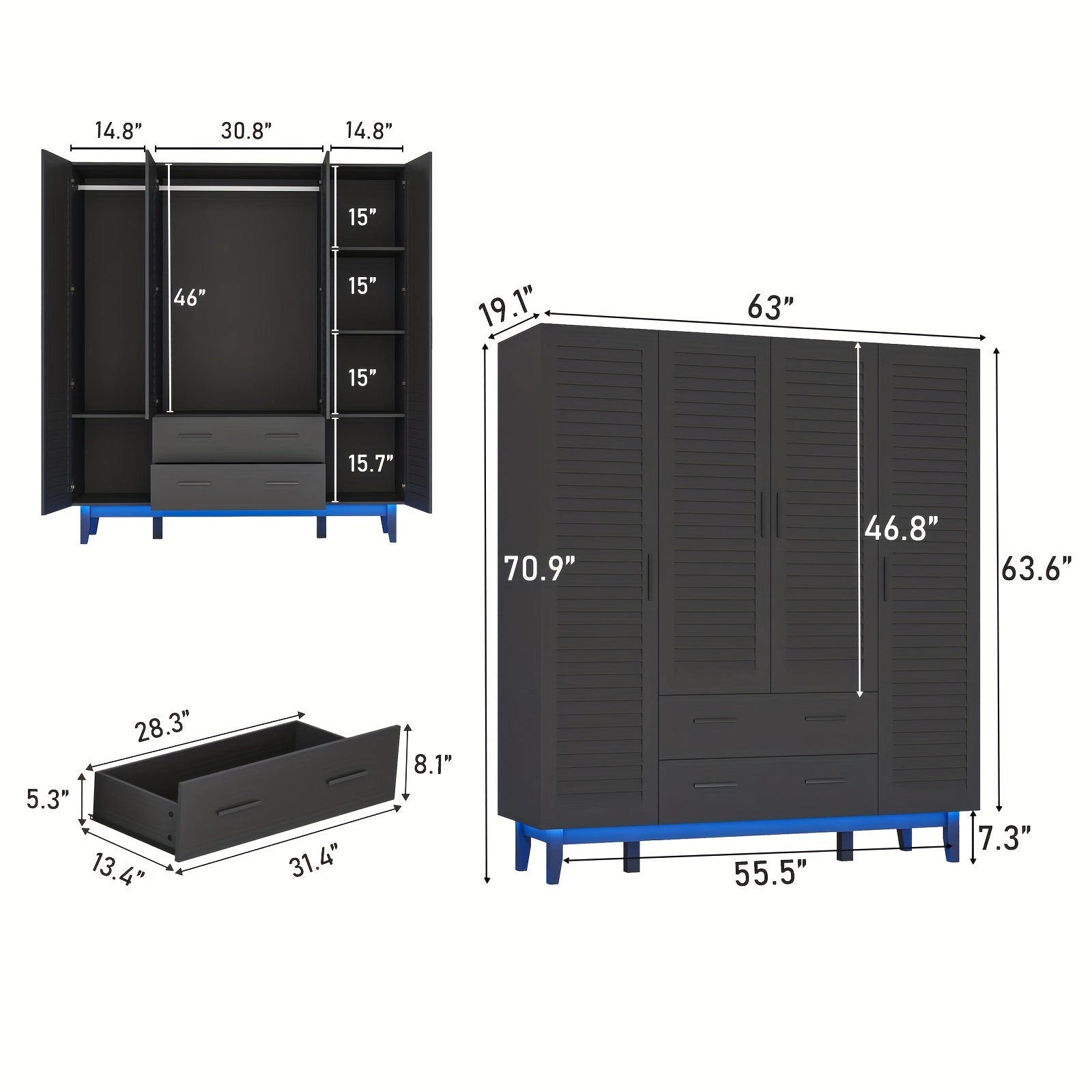 4 Door Wardrobe Armoire With 2 Large Drawers, 70" Armoire Wardrobe Closet With LED Lights, LED Wood Armoire Storage With Hanging Rods And Multi-Layer Shelves