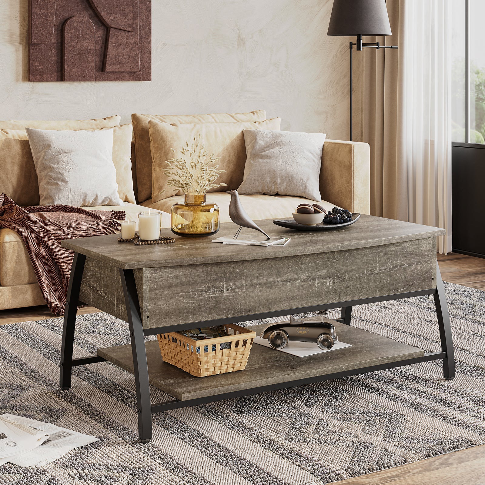 Modern Adjustable Height Coffee Table, Wood-Based Panel & Solid Wood, Industrial Style, with Lift-Top and Storage, for Living Room