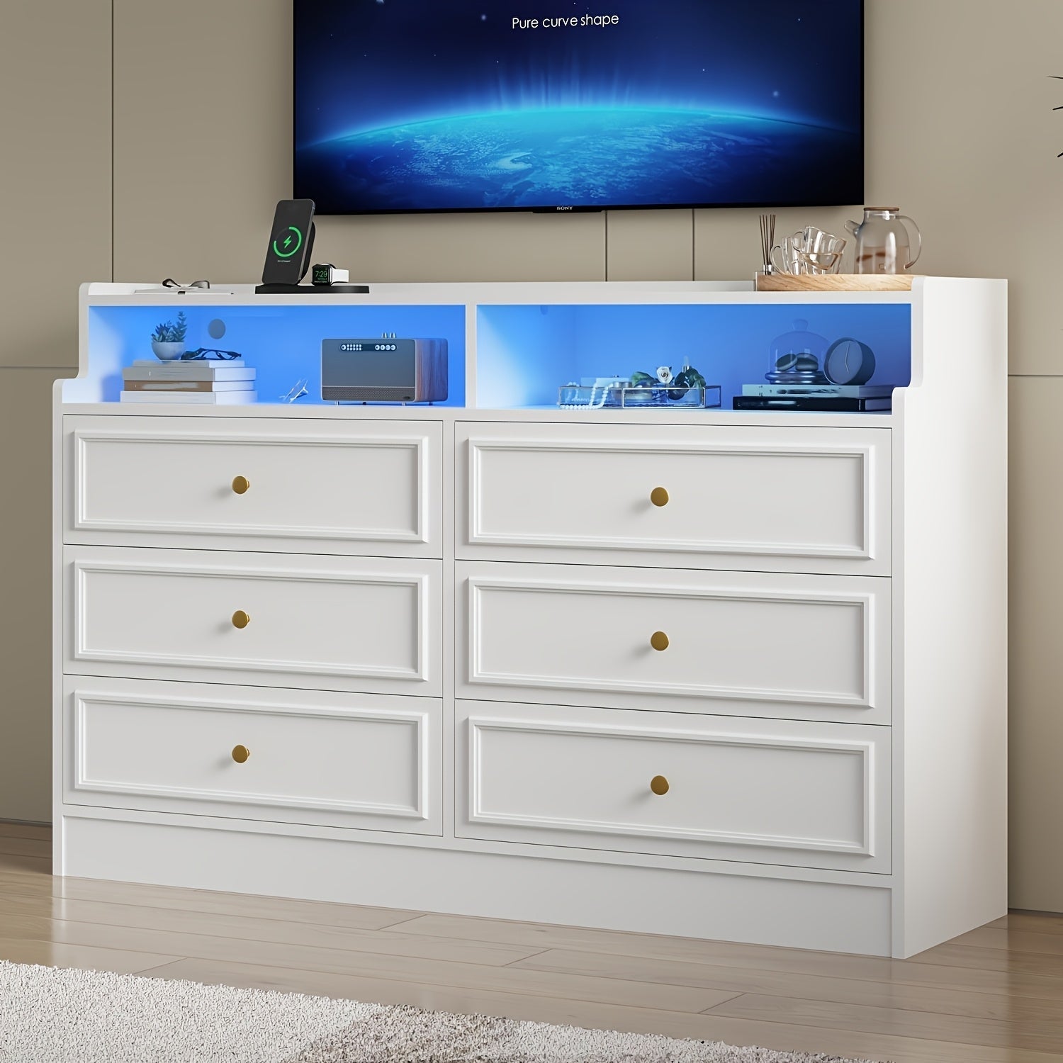 Modern Black LED Dresser with Charging Station - 5-Drawer Storage Cabinet with Customizable Blue Lighting, Large Compartments for Bedroom & Living Room Decor, Dresser for Bedroom