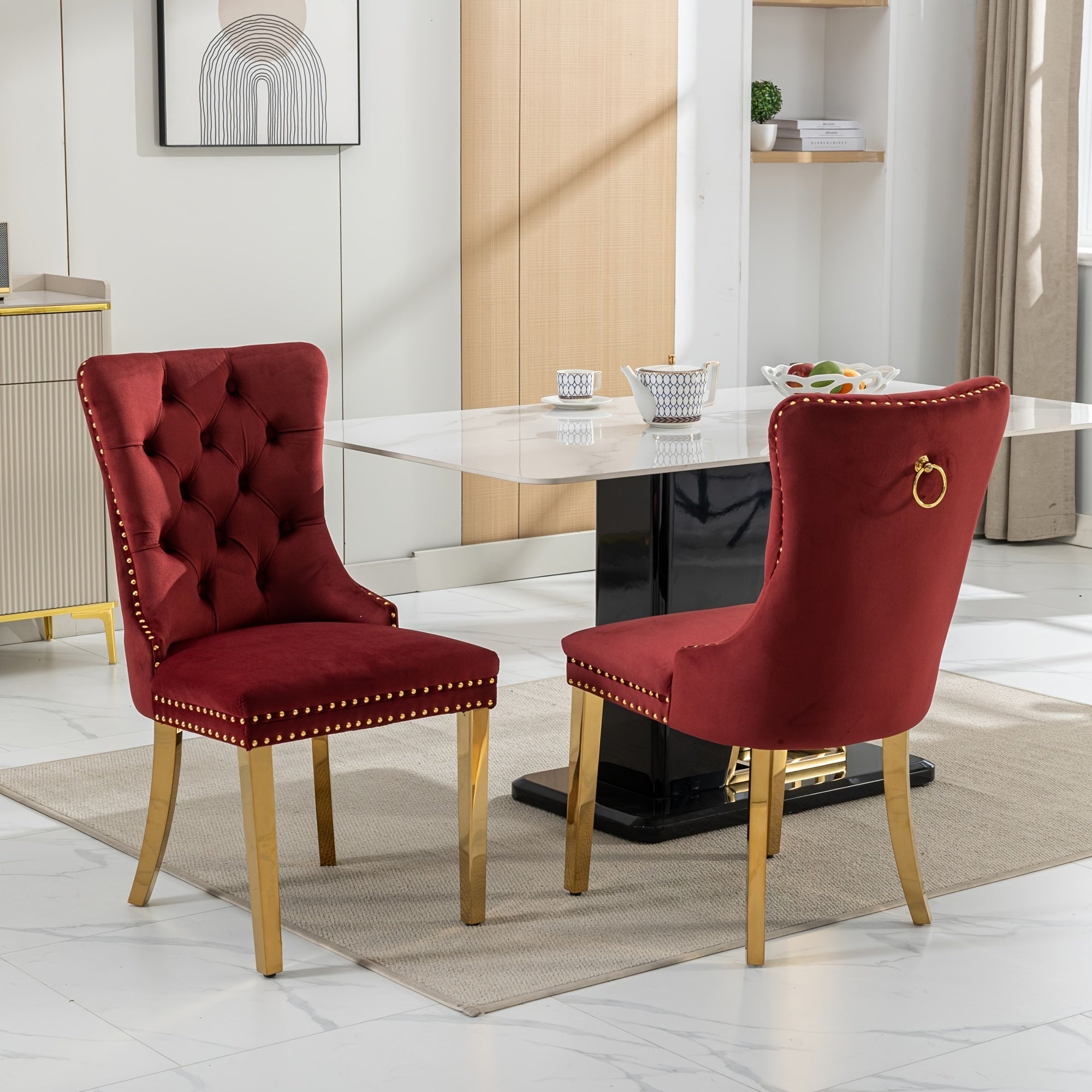 Set of 2 Upholstered High-end Dining Chairs, Tufted Side Chair with Golden Stainless Steel Plating Legs, Nailhead & Back Ring Pull Trim, Kitchen Dining Room Furniture, Tufted Dining Chairs