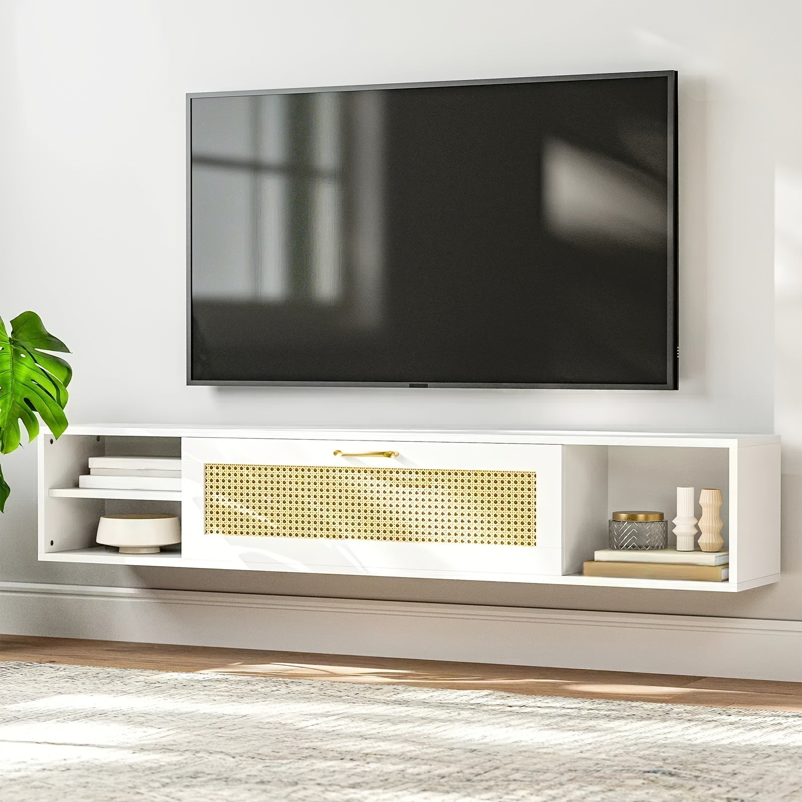 Floating TV Stand for 75 Inch TV, Mid Century Modern Center TV Stand/ Rattan Cabinet Door, Wall Mounted TV Cabinet, Entertainment Media Console Large Storage TV Shelfs for Living Room - White/Wood