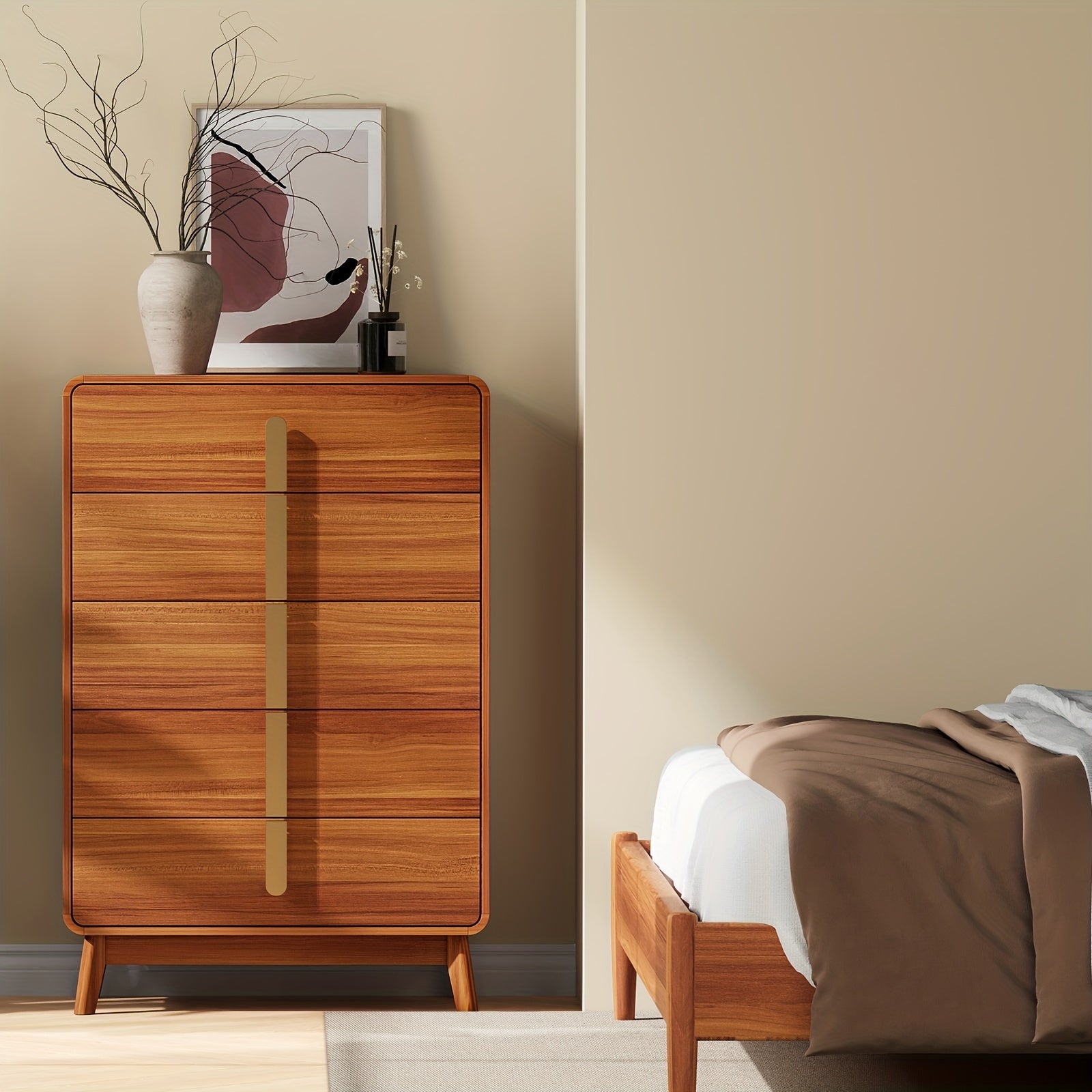 Mid-Century Modern 5/6 Drawer Dresser - Cherry Wood Finish 47.2’’ Tall with Metal Handles for Bedroom Living Room &