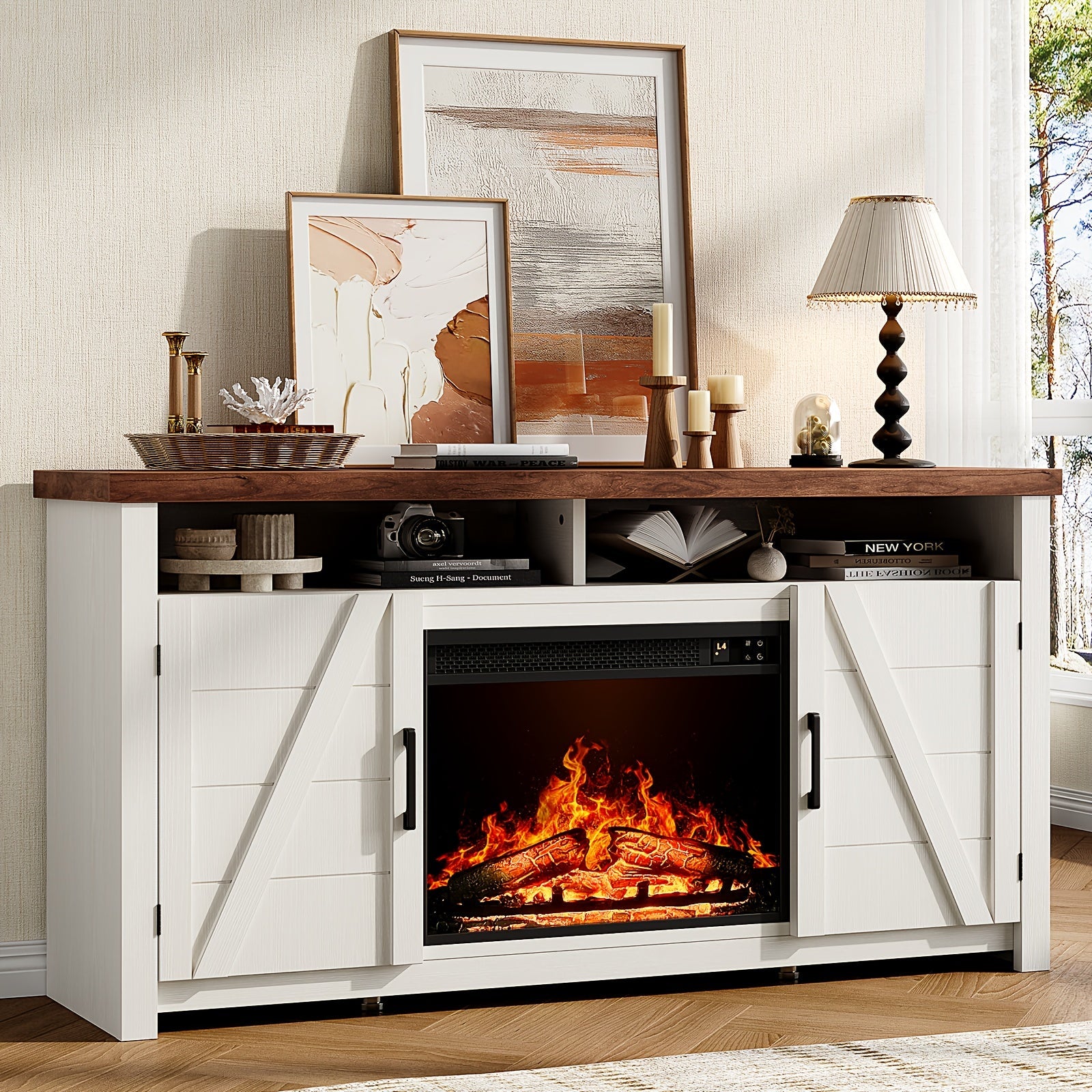 Rustic Farmhouse Highboy TV Stand with 58cm Electric Fireplace - Antique White Fits Up to 70’’ TVs Spacious Media
