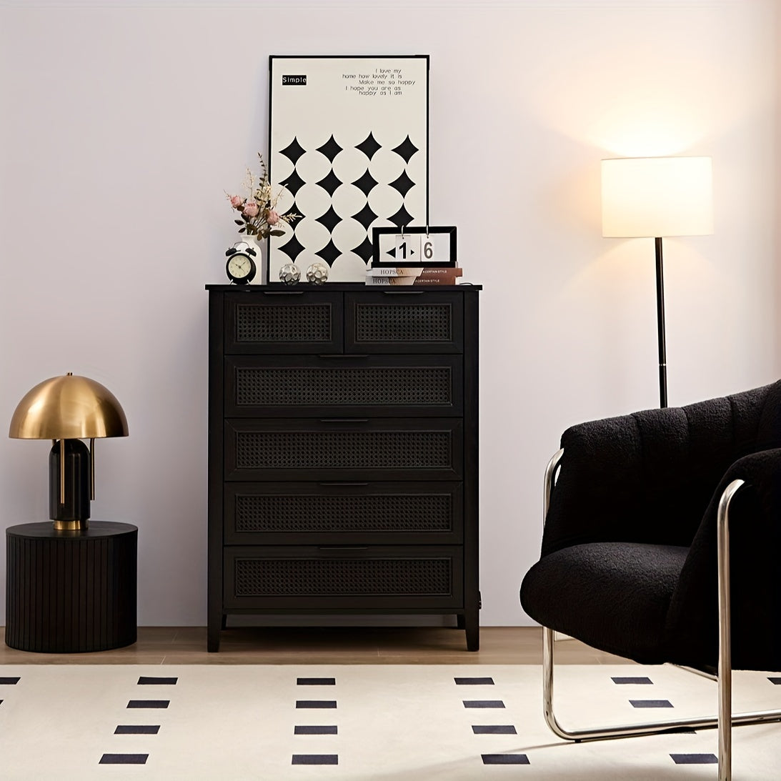 Black 6 Drawers Dresser, Dressing Table For Bedroom, Rattan Dresser For Household Storage And Organizing Tools, Tall Storage Cabinet For Studio, 6 Chest Of Drawers Cabinet For Living Room, Hallway