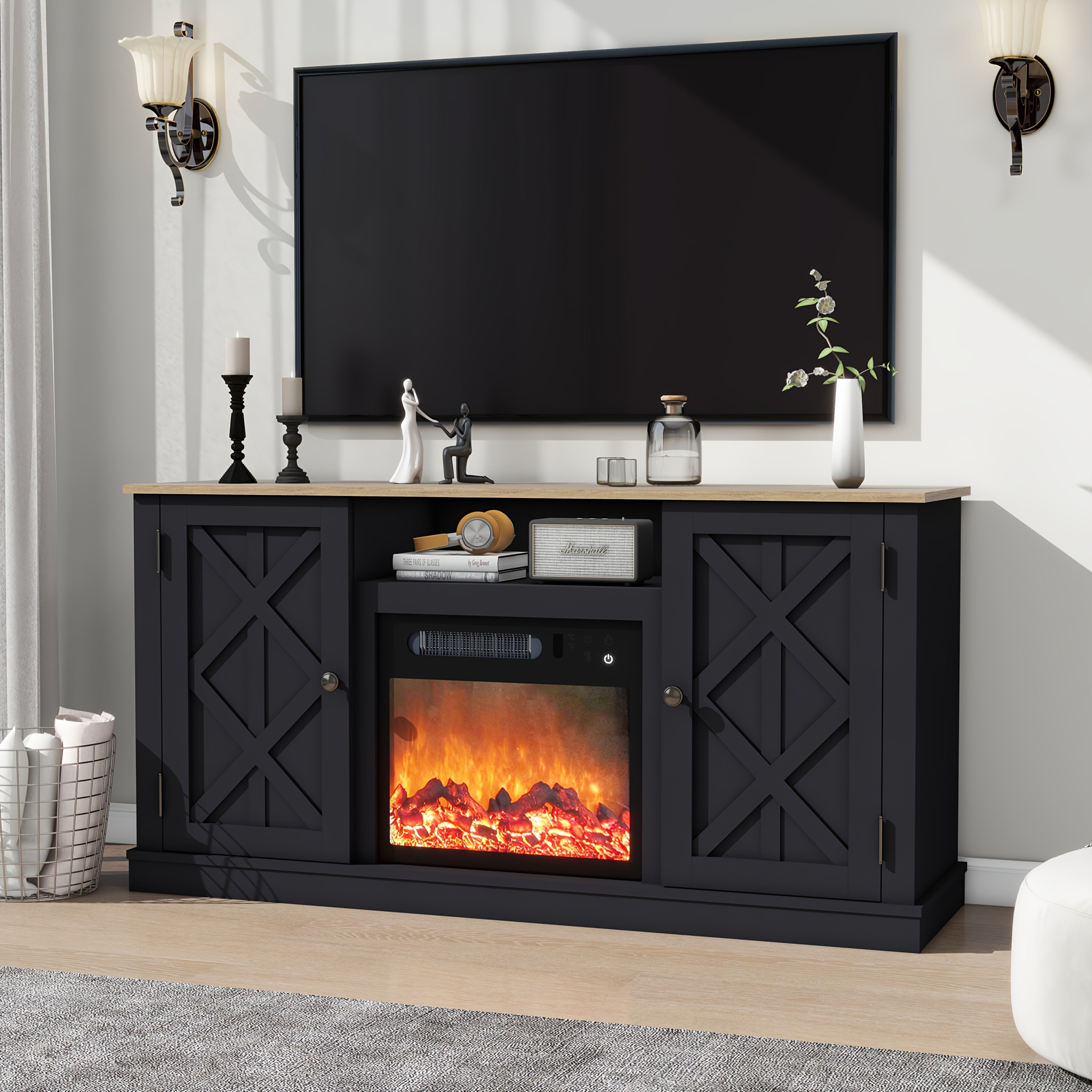 1pc Black Farmhouse 54" Entertainment Center with Electric Fireplace, TV Stand Console with Mantel, MDF Wood Construction, Barn Door Design, 110V US Plug, Easy Assembly, Storage <3.2 Cubic Feet