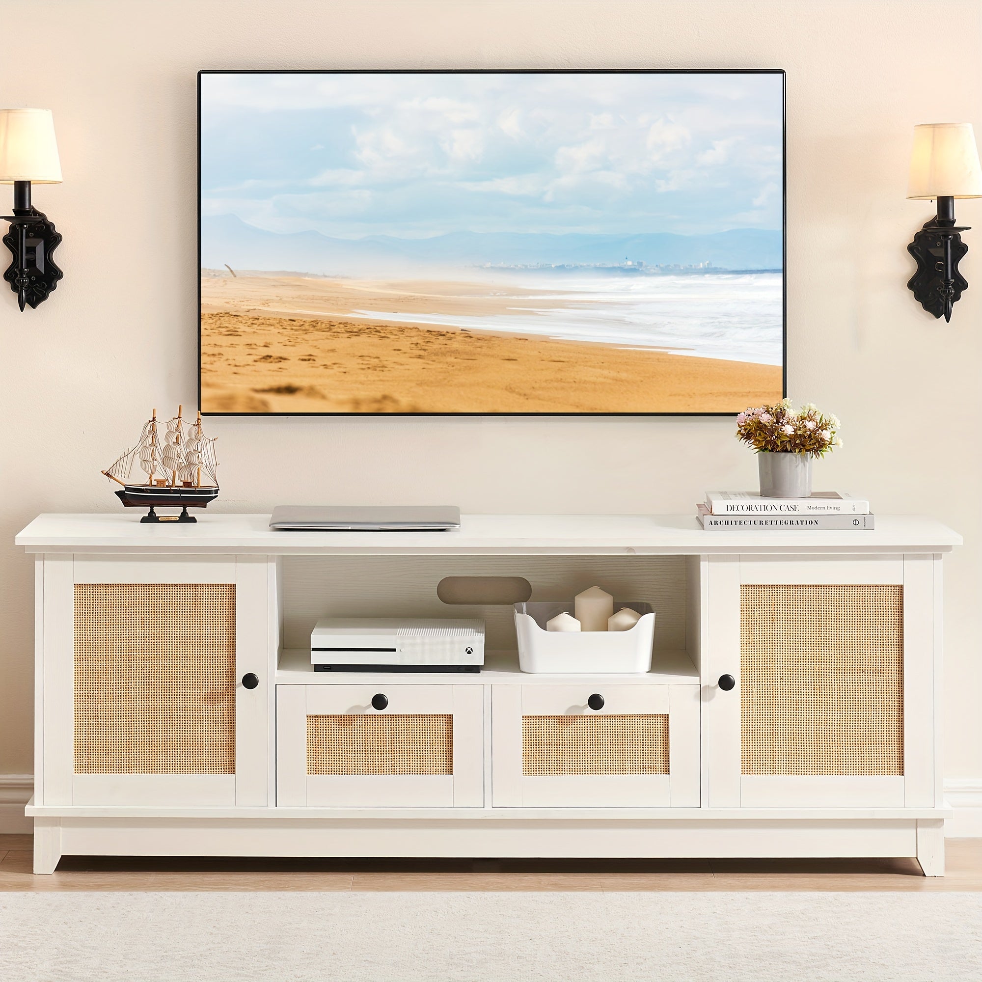 TV stand suitable for TVs over 65 inches, Rattan Entertainment Center TV Media Console Table, Modern TV stand with storage doors and mesh doors, Living Room TV Cabinet Furniture (White tabletop).