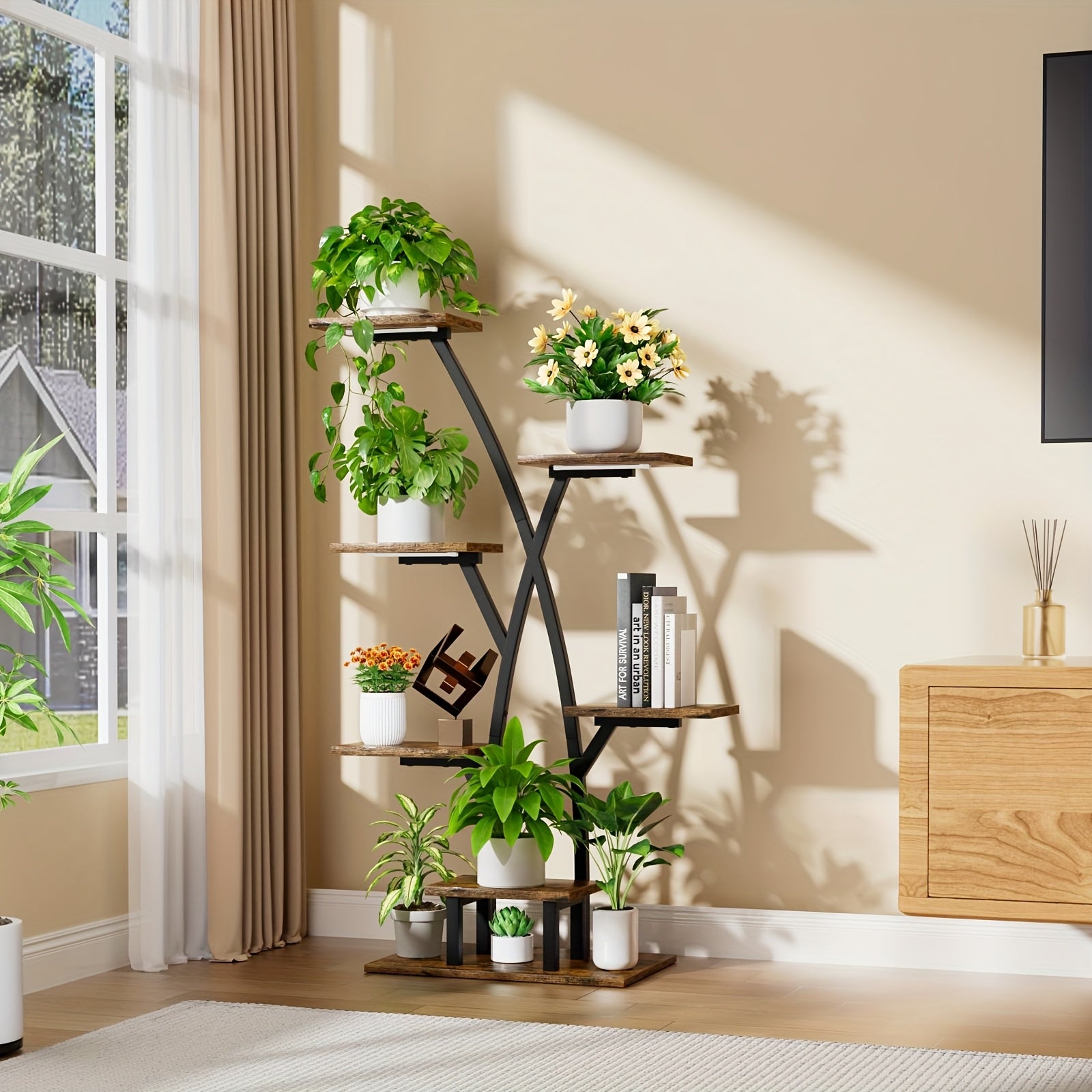 Plant Stand Indoor With Grow Lights - 7 Tiered Plant Shelf Indoor, Multi Functional Display Stand With Thickened Wooden Boards, Corner Plant Stands For Plants Multiple, 42" Metal Corner Shelves, Plant Flower Holder Display Ra