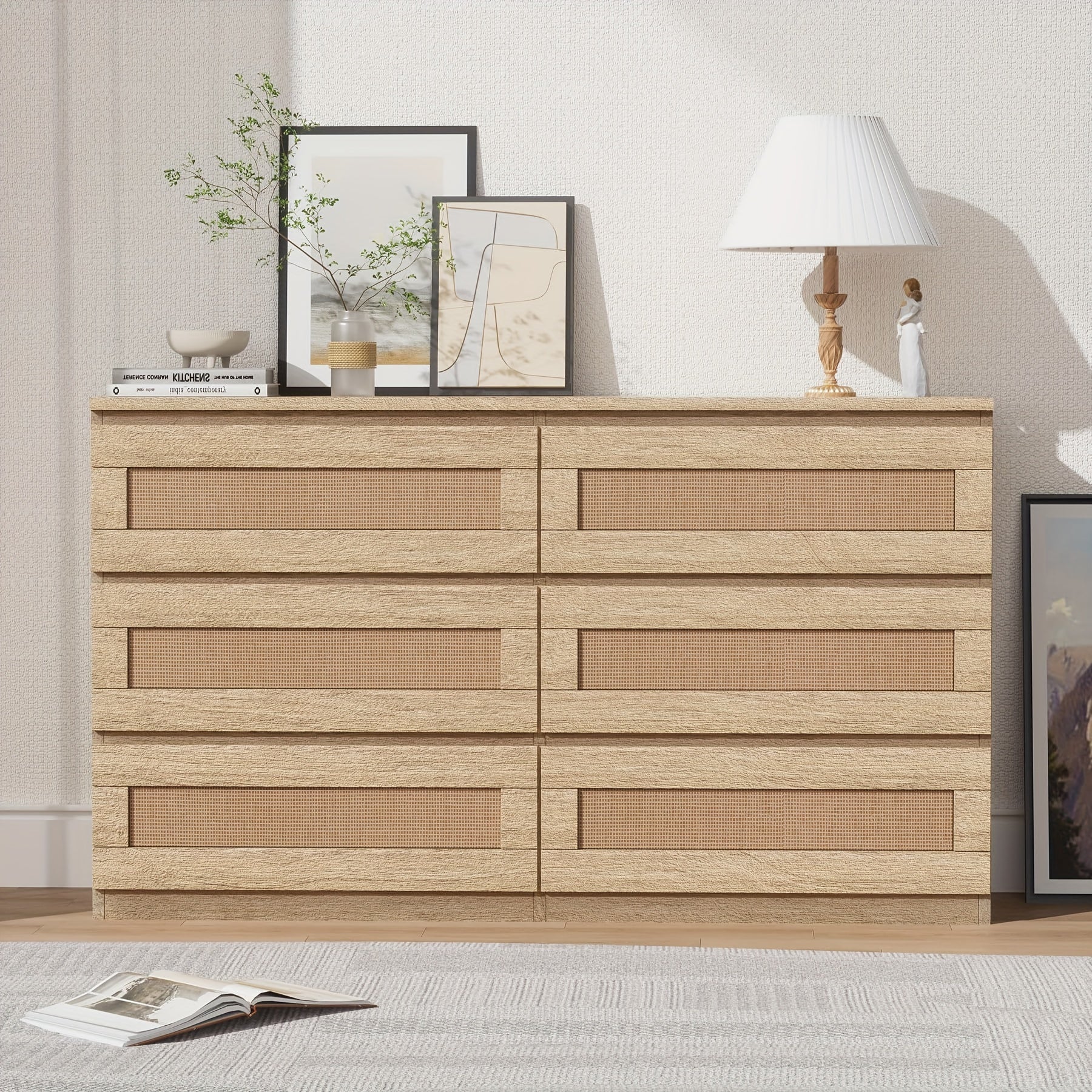 Rattan Dresser For Bedroom 6 Drawer Dresser For Bedroom Modern Wide Chest Of Drawers With Anti-Tip Kit & Smooth Slide