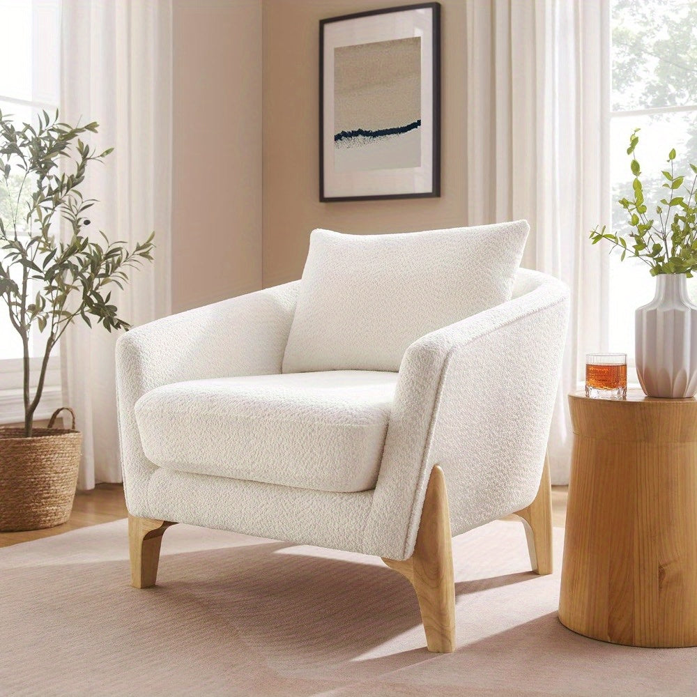 Modern Boucle Accent Chair with Wooden Legs - Cozy Upholstered Armchair for Living Room, Bedroom Reading - White