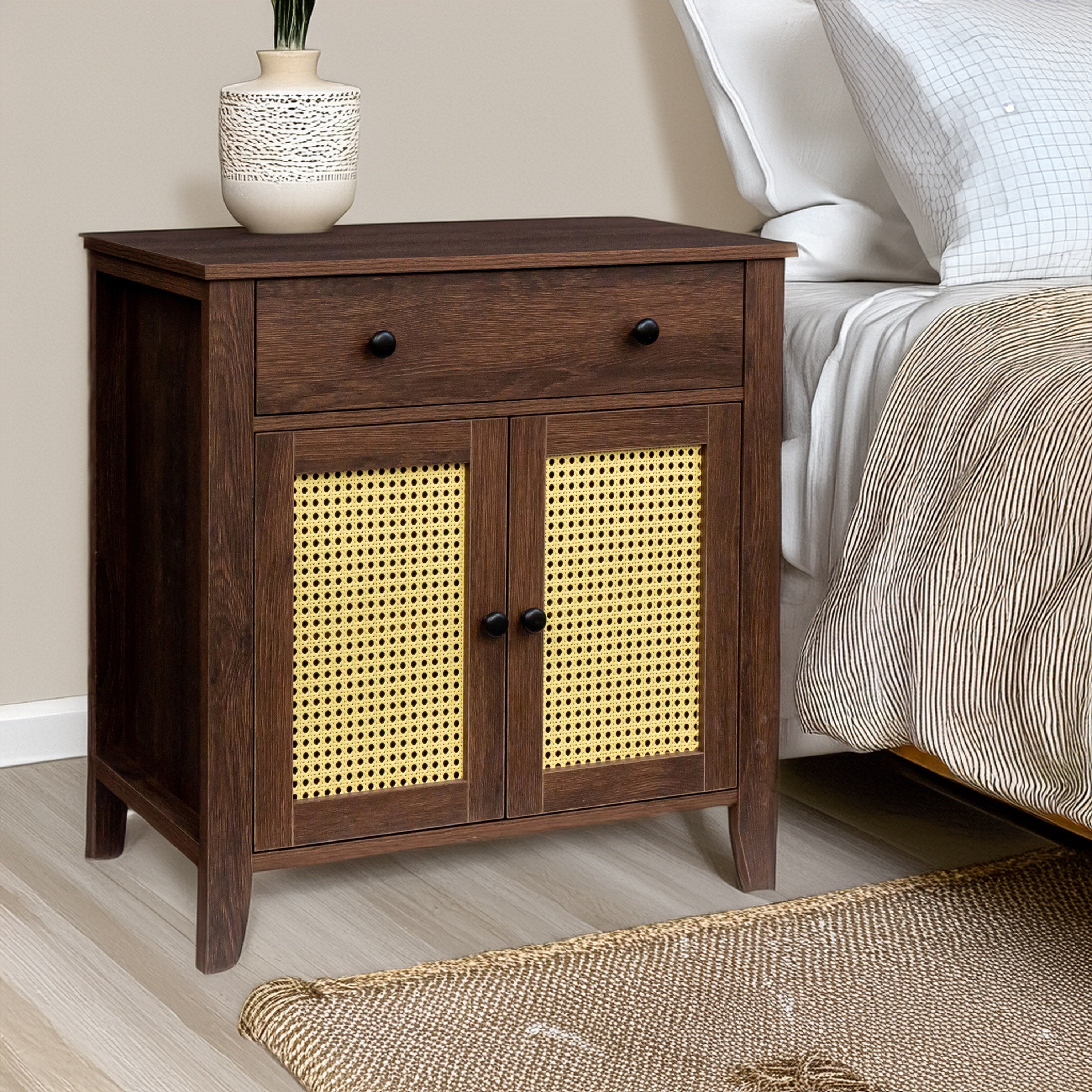 Rattan Nightstand, Mid Century Modern Nightstand With Rattan Decorated Door And Adjustable Shelf, Bedside Storage End Table With Drawer, Night Stand For Bedroom And Living Room