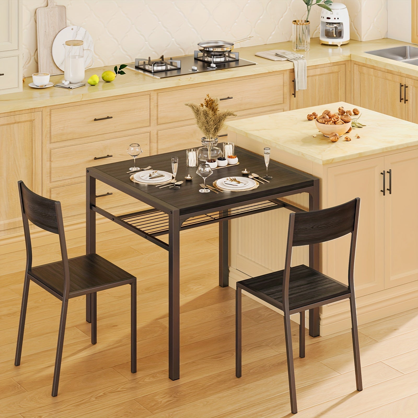 Dining Table Set For 2, 3 Piece Kitchen Table With 2 Chairs For Small Space, Apartment, Kitchen, Dining Room, Space-Saving, Black