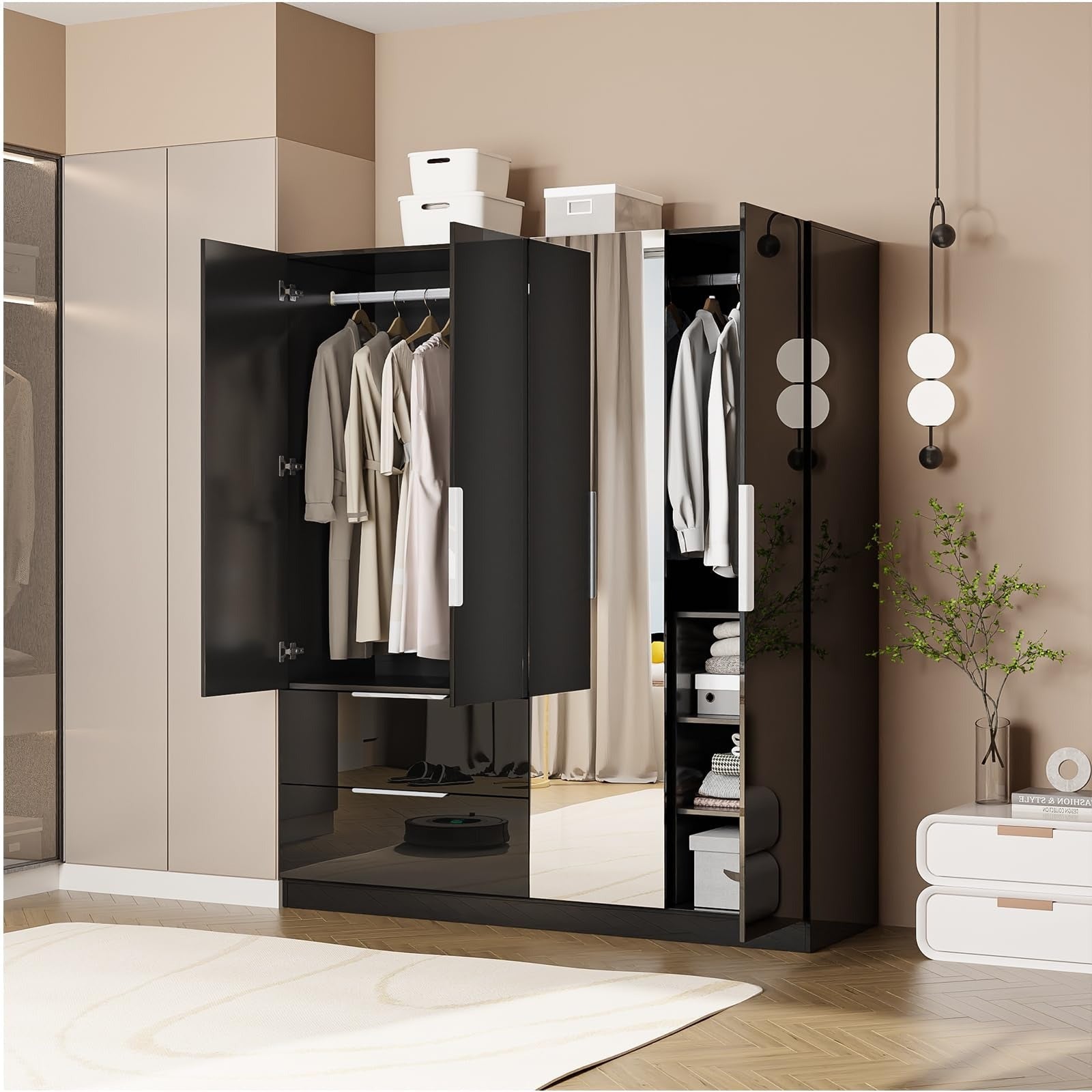 72.8" H Wardrobe Closet with Mirror, High Gloss 4 Door Armoire with 2 Drawers, Wardrobe Cabinet with Hanging Rod & Shelves, Modern Black Freestanding Armoire Wardrobe Closet for Bedroom