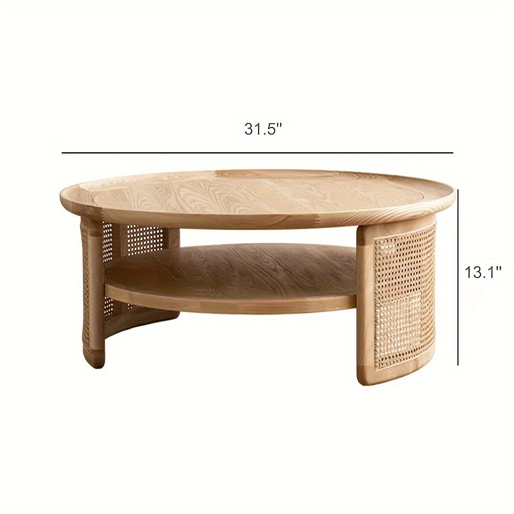 1pc Classic Round Coffee Table - Space-Saving Hardwood & Rattan Center Table with Engineered Wood Frame and Oak Finish for Living Room