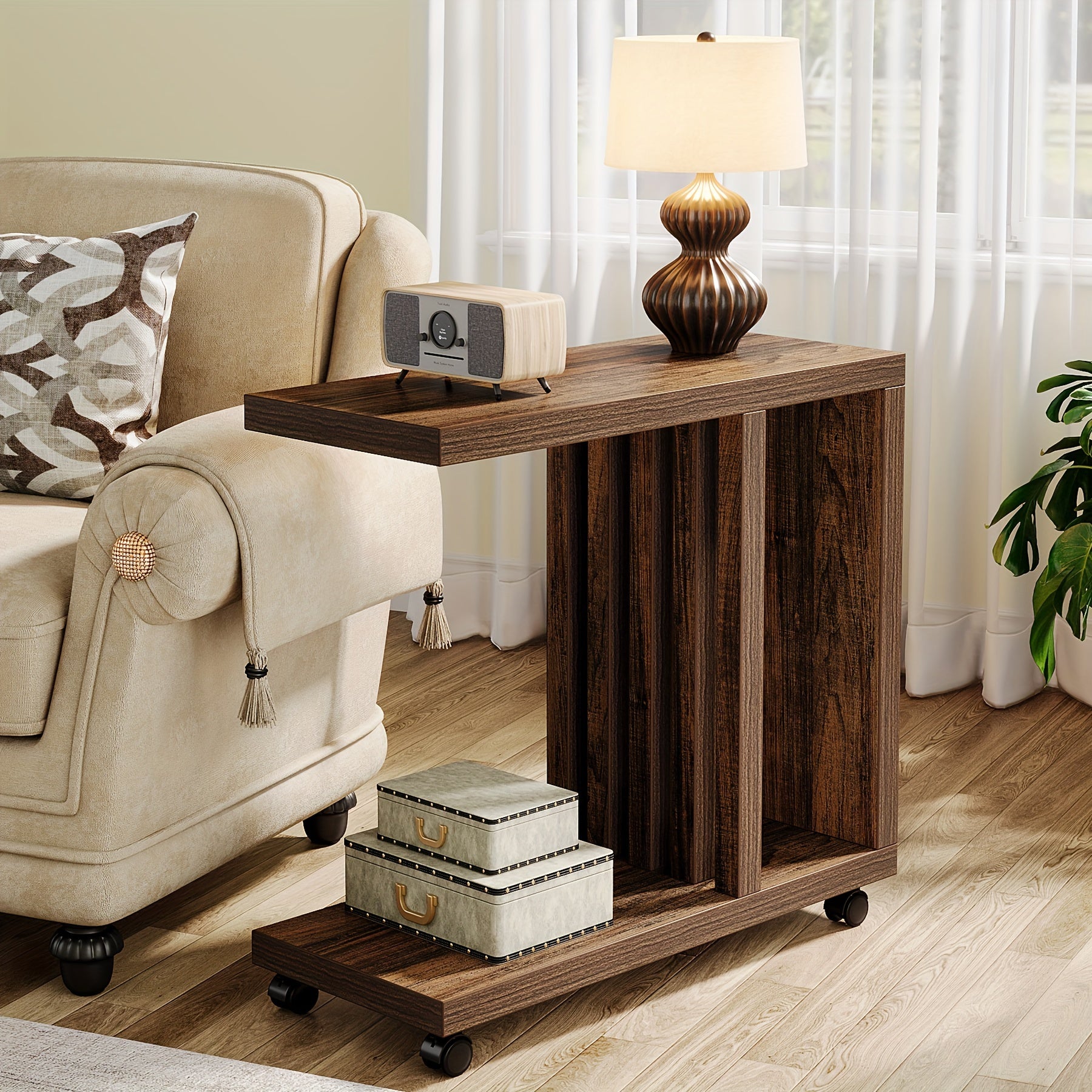 C-Shaped End Table 2-Tier Side Table For Couch And Bed Small Couch Table With Lockable Wheels Wood Bedside Table