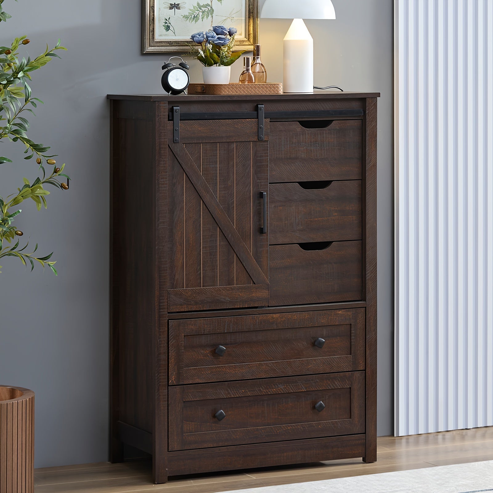 Dresser For Bedroom, Tall Dresser With Barn Doors, Vintage Farmhouse Style Dresser With Sliding Sliding Doors, Wardrobe Storage With Drawers, Dark Brown Sideboard For Dining Room, Wooden Chest Of Drawers For Living Room, Dres