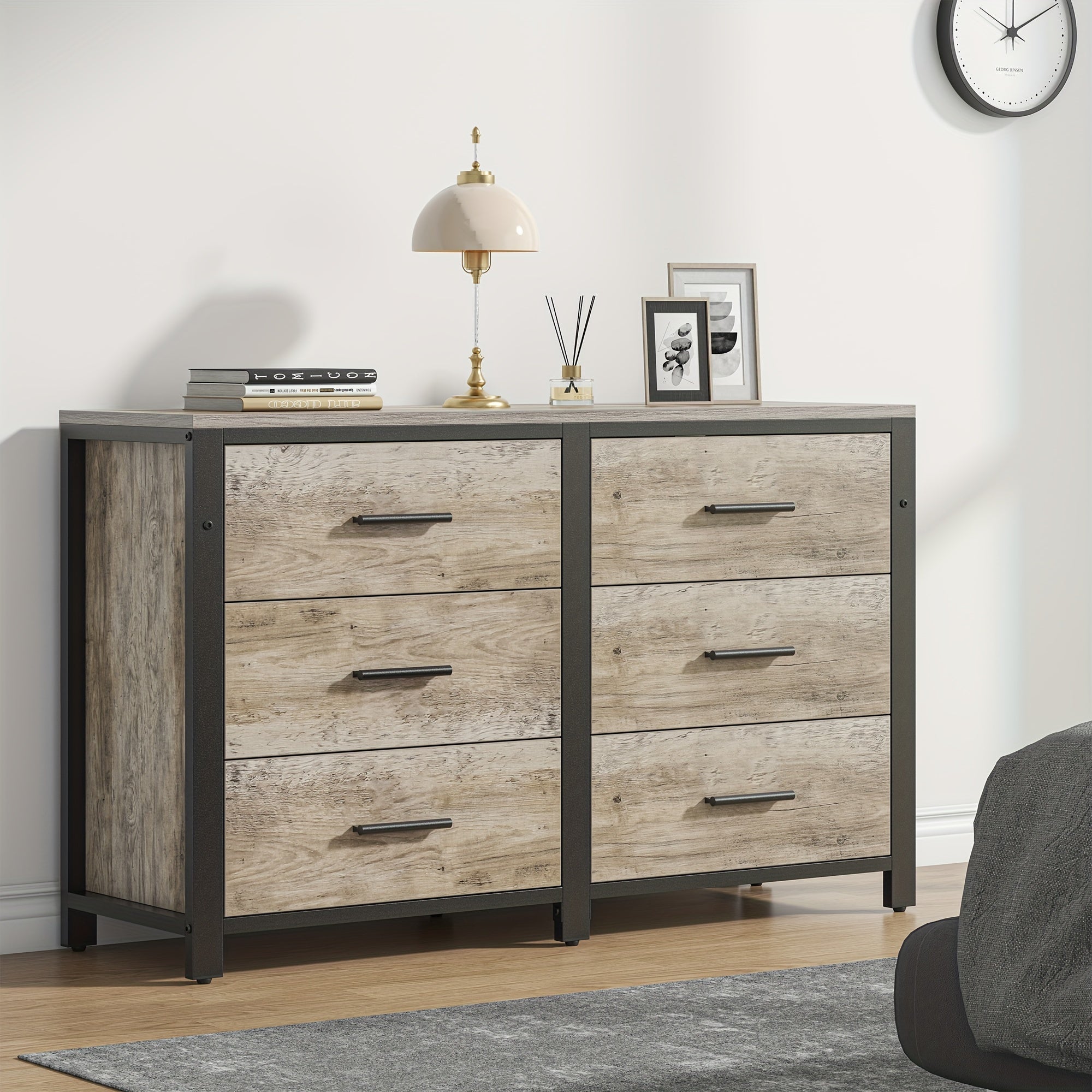 Vintage 6-Drawer Dresser in Light Oak - Rustic Wooden Storage Cabinet with Metal Frame, Ideal for Bedroom, Large Capacity Organizer with Open Shelves and Sturdy Construction, Floor Standing, Dresser for Bedroom