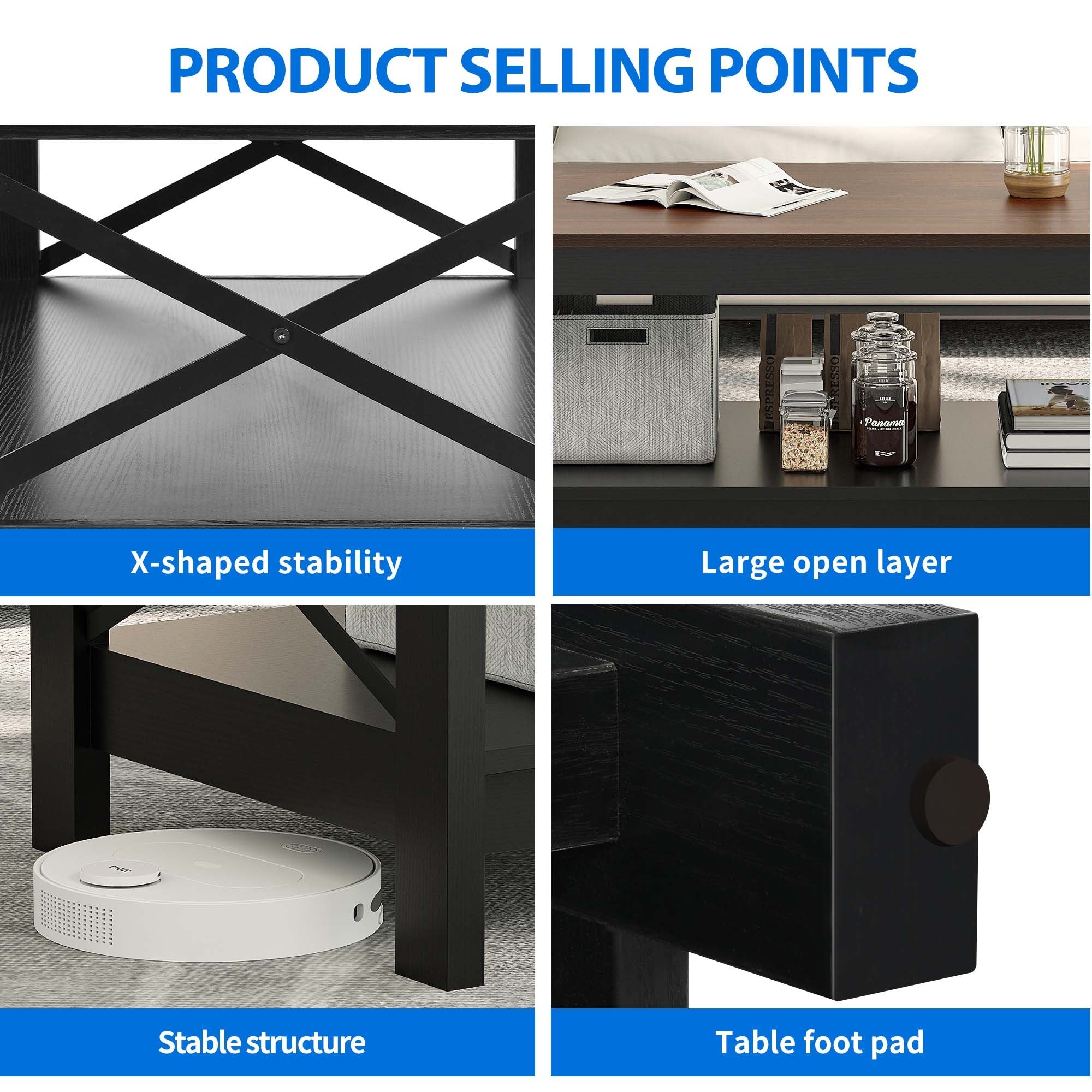 Rectangular Wood Coffee Table with Dual- Tier Open Storage Optimized for Robotic Cleaning - Walnut + black - Coffee